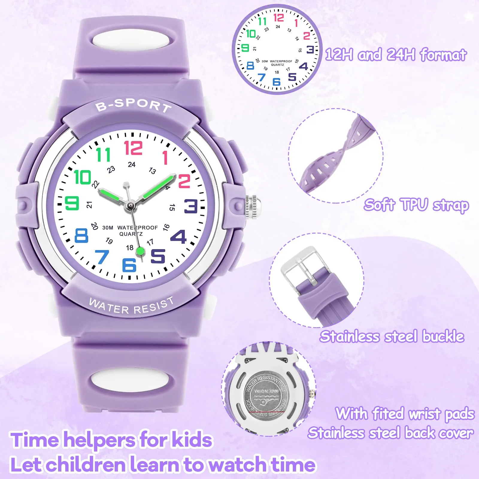 Edillas Orologio da Polso Bambini Analogico,Impermeabile 30M,Cinturino TPU Morbido,Lancette Luminose,Ideale per Scuola, Sport e Regalo di Inizio Anno (Viola) - immagine 3