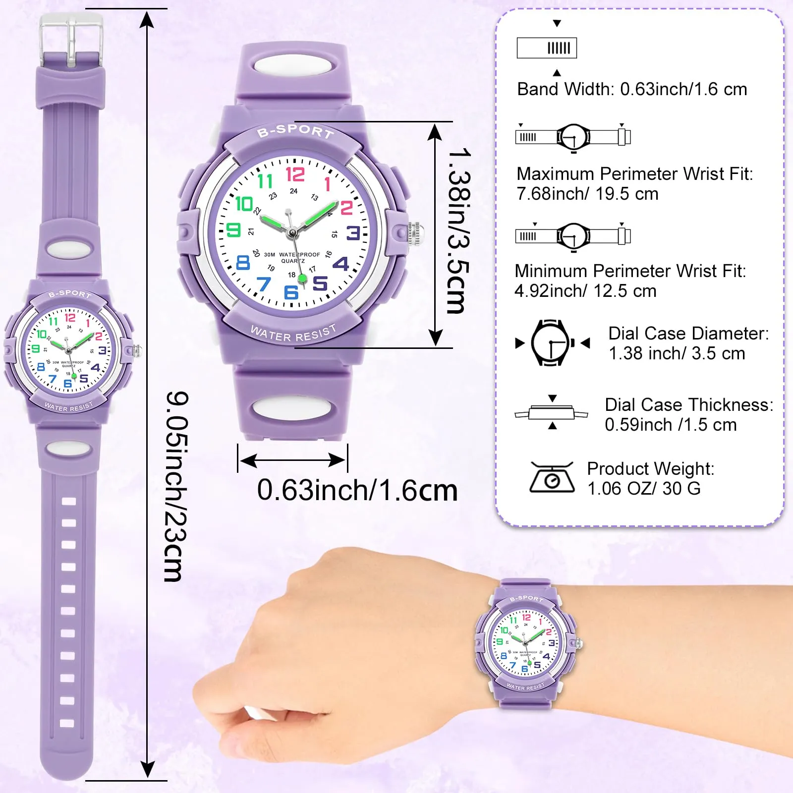 Edillas Orologio da Polso Bambini Analogico,Impermeabile 30M,Cinturino TPU Morbido,Lancette Luminose,Ideale per Scuola, Sport e Regalo di Inizio Anno (Viola) - immagine 4