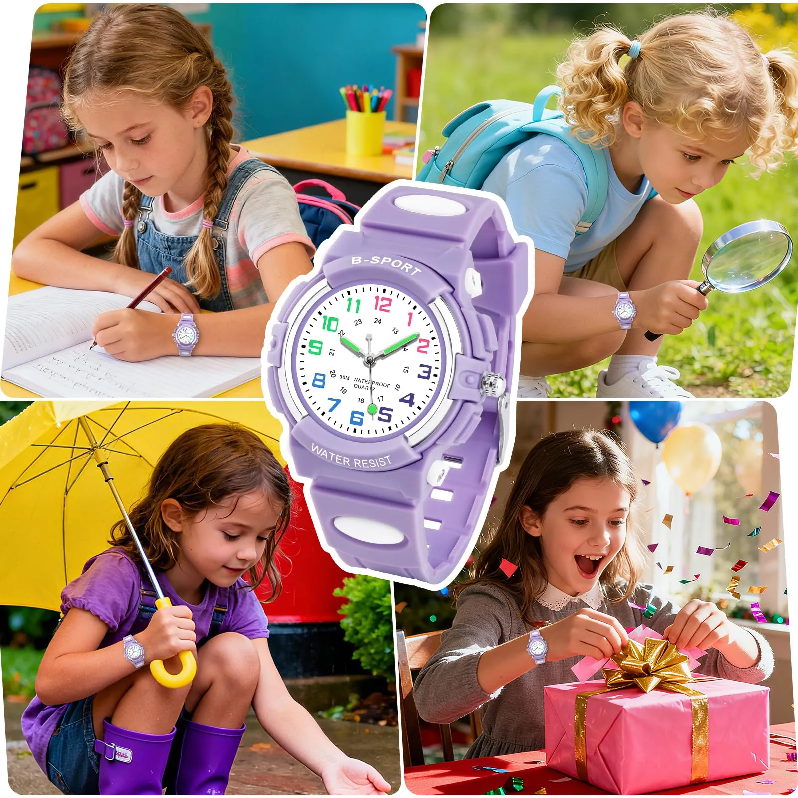 Edillas Orologio da Polso Bambini Analogico,Impermeabile 30M,Cinturino TPU Morbido,Lancette Luminose,Ideale per Scuola, Sport e Regalo di Inizio Anno (Viola) - immagine 6