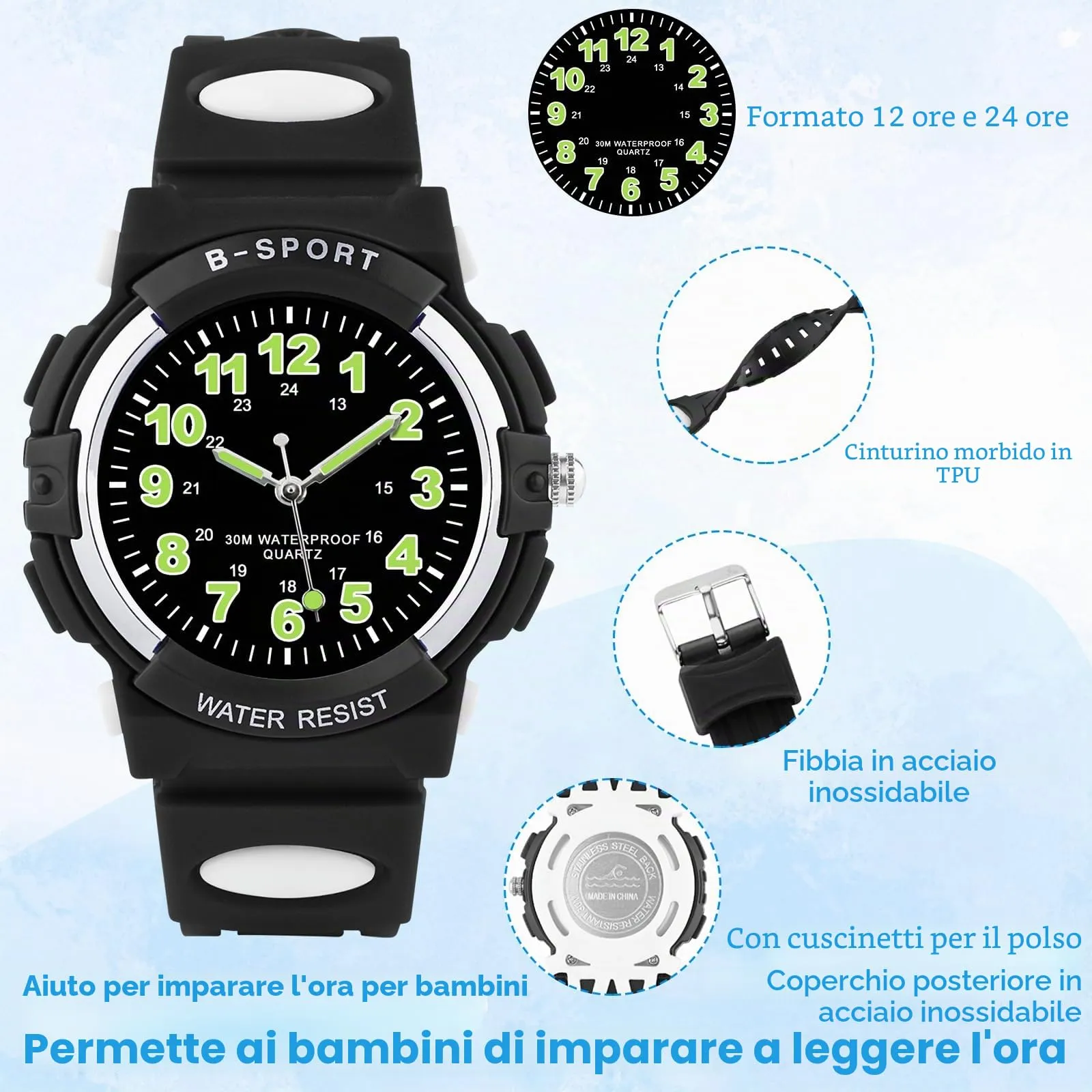 Edillas Orologio da Polso Bambini Analogico,Impermeabile 30M,Cinturino TPU Morbido,Lancette Luminose,Ideale per Scuola, Sport e Regalo di Inizio Anno (Nero) - immagine 3