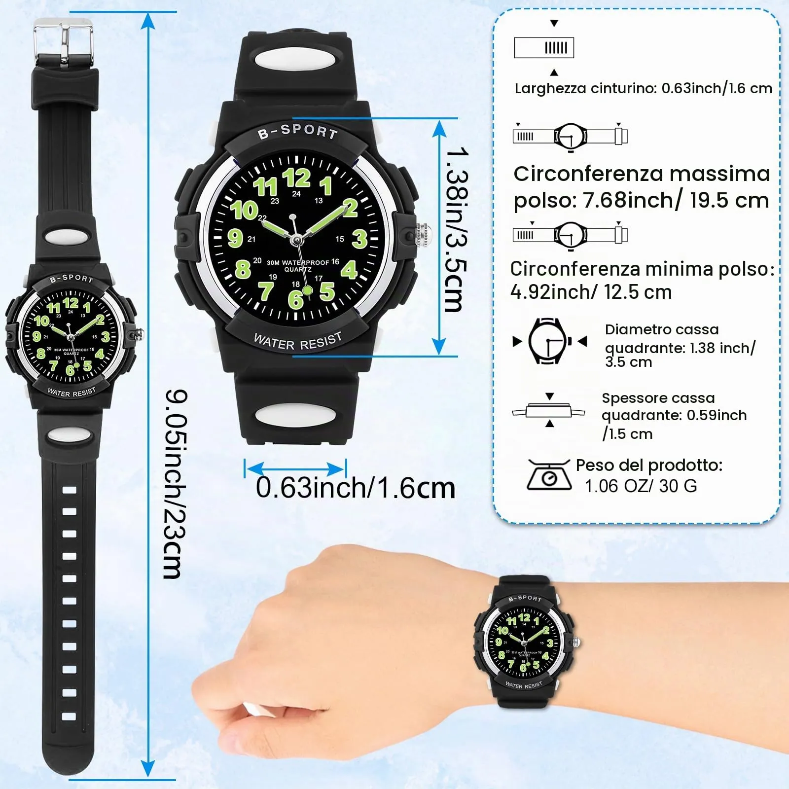 Edillas Orologio da Polso Bambini Analogico,Impermeabile 30M,Cinturino TPU Morbido,Lancette Luminose,Ideale per Scuola, Sport e Regalo di Inizio Anno (Nero) - immagine 4