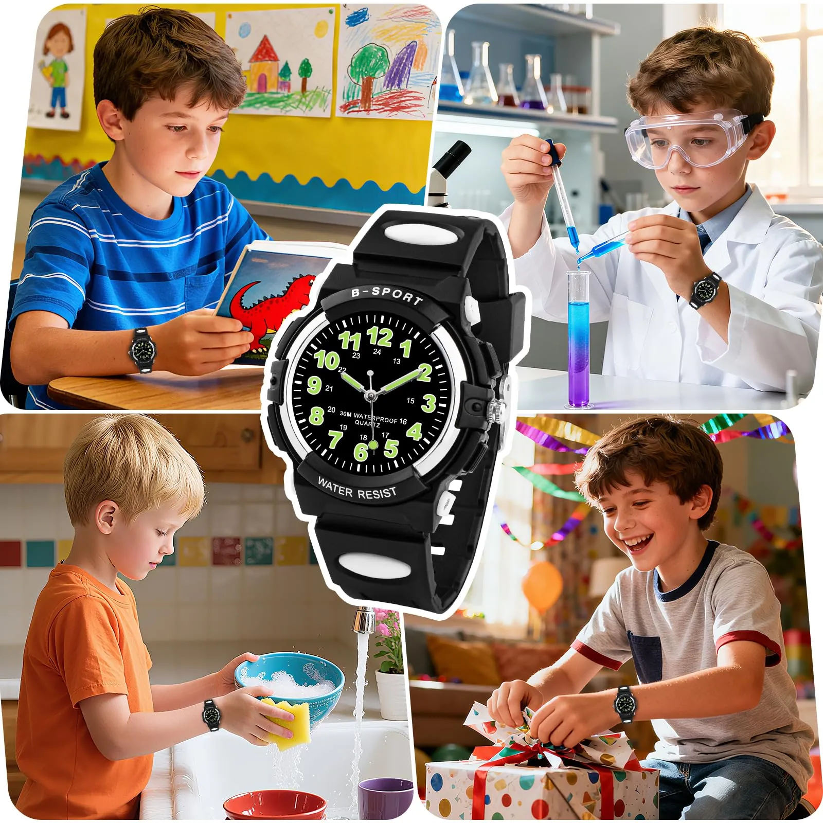 Edillas Orologio da Polso Bambini Analogico,Impermeabile 30M,Cinturino TPU Morbido,Lancette Luminose,Ideale per Scuola, Sport e Regalo di Inizio Anno (Nero) - immagine 6