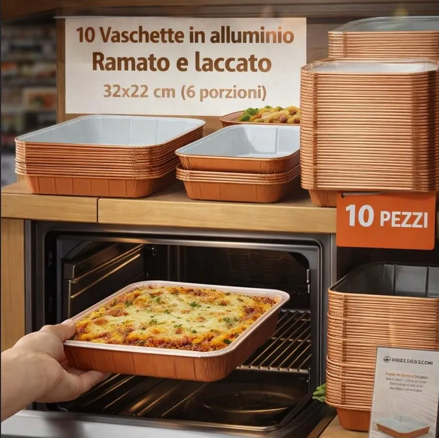 Generico 10 o 20 vaschette in alluminio RAMATO E LACCATO varie misure VASCHETTE LACCATE RAMATE BORDO G (10pz 32x22 cm 6 porzioni R49) - immagine 2