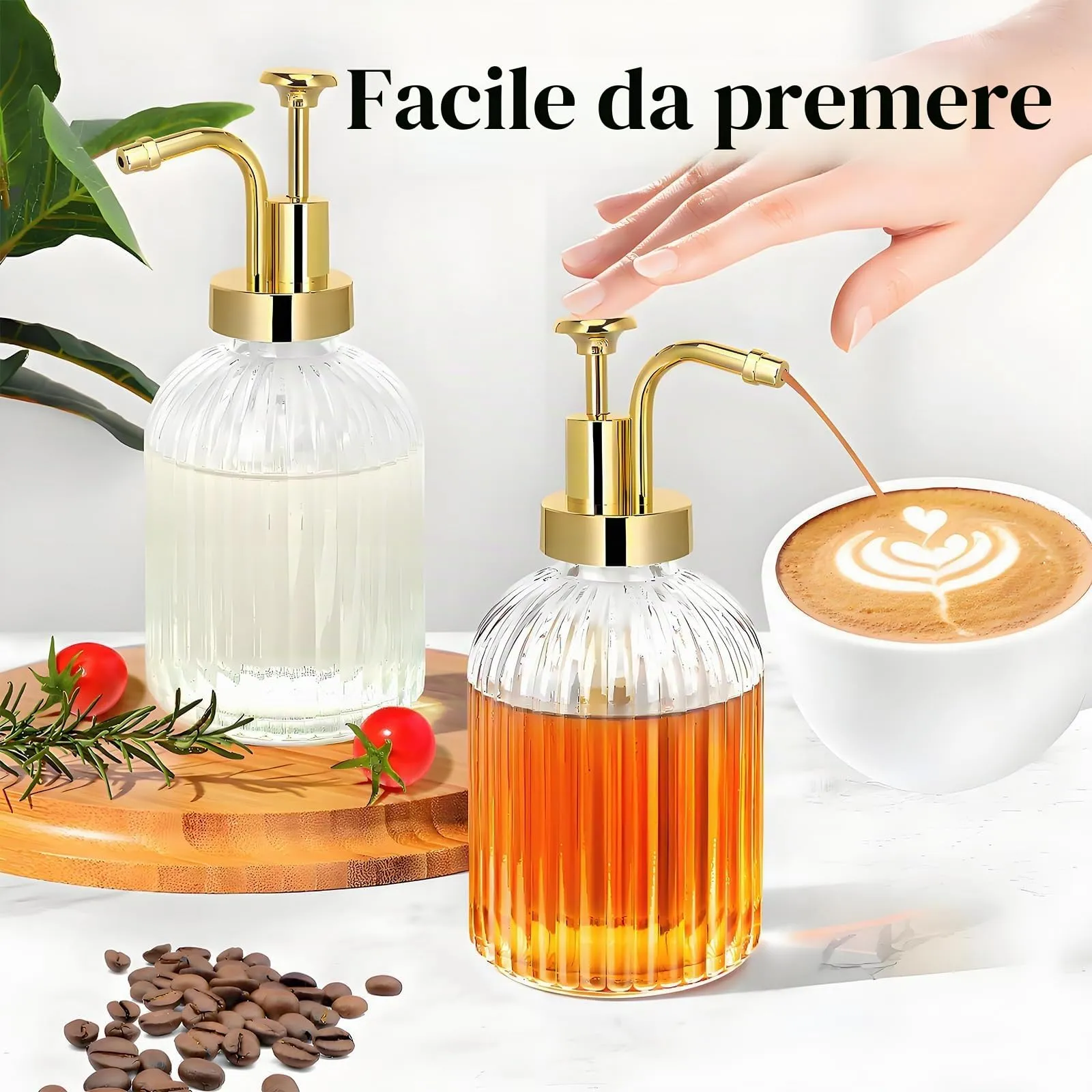 Dispenser per sciroppi da caffè, erogatore di sciroppo, con pompa d'oro, bottiglia di sciroppo, in vetro, per sciroppo di caffè, miele e sciroppo, accessori per caffè bar e casa, 10 oz 300 ml - immagine 3