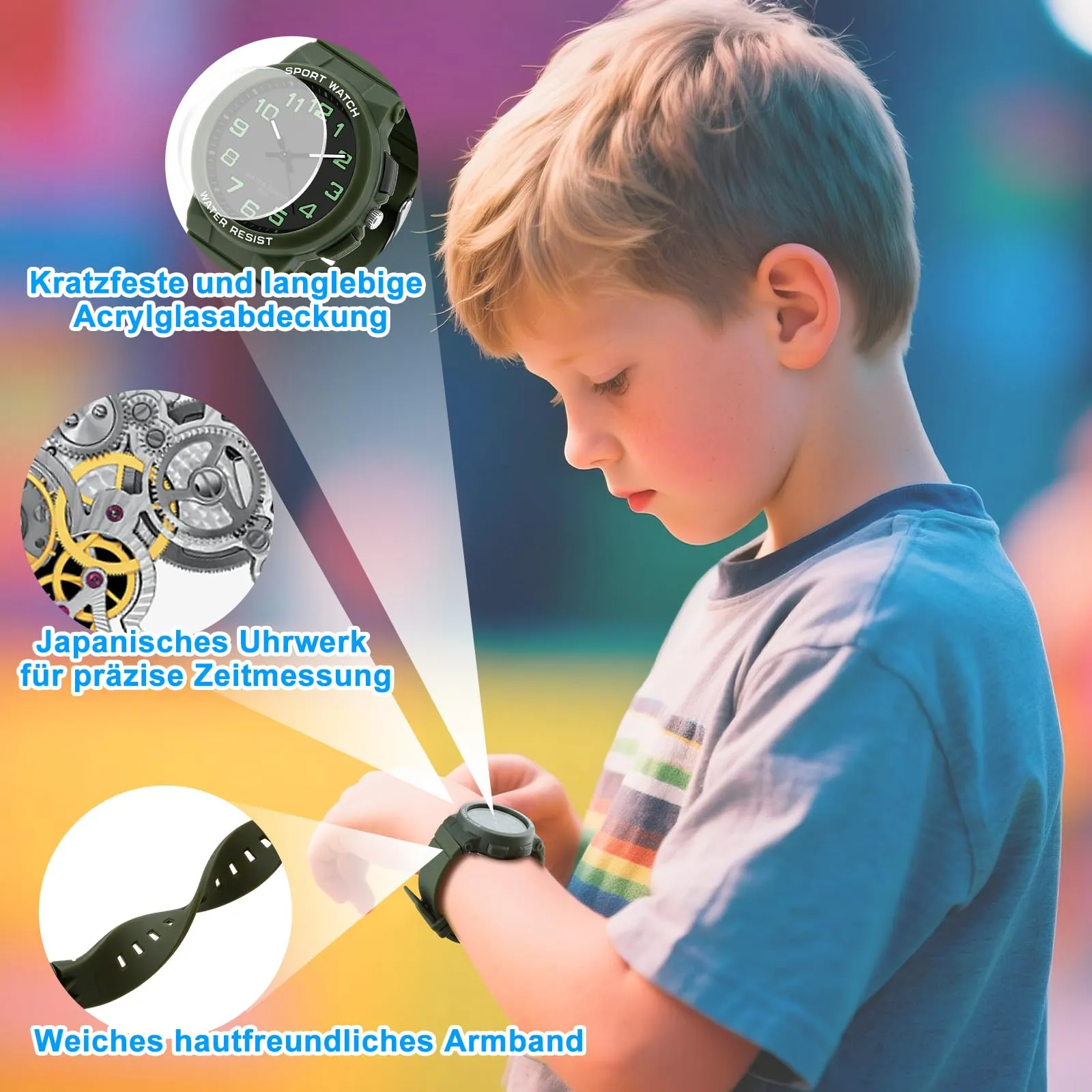 Ayybboo Orologio Bambino Didattico Bambini con Quadrante Leggibile,Imparare l'Ora Facile,Impermeabile 3ATM,Cinturino Morbido Regolabile,Educativo Regalo per Ragazzi e Ragazze 4-12 Anni - immagine 6