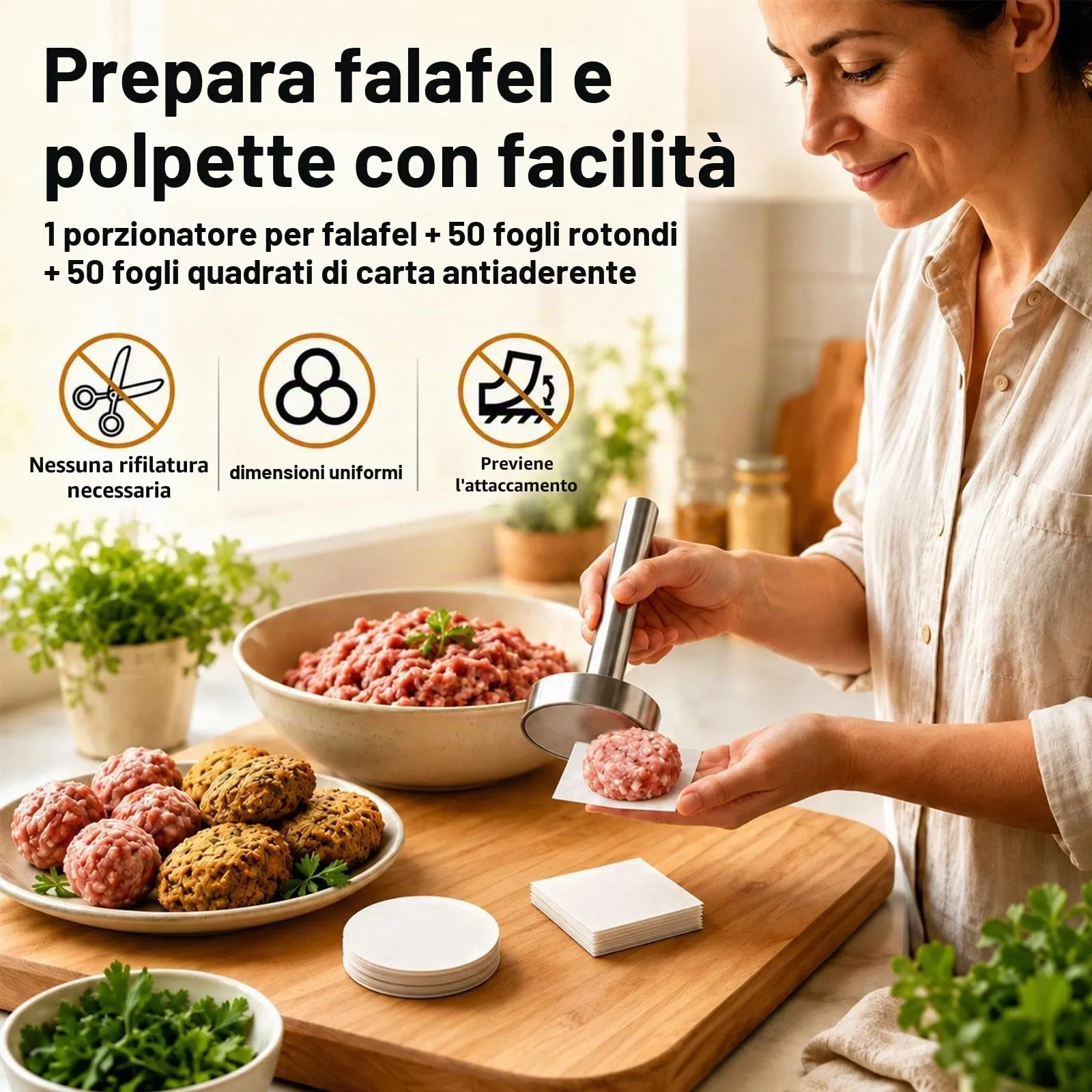 Falafel Polpette Stampo in Acciai Inox 6cm con 100 Carta Forno per Polpette - immagine 3
