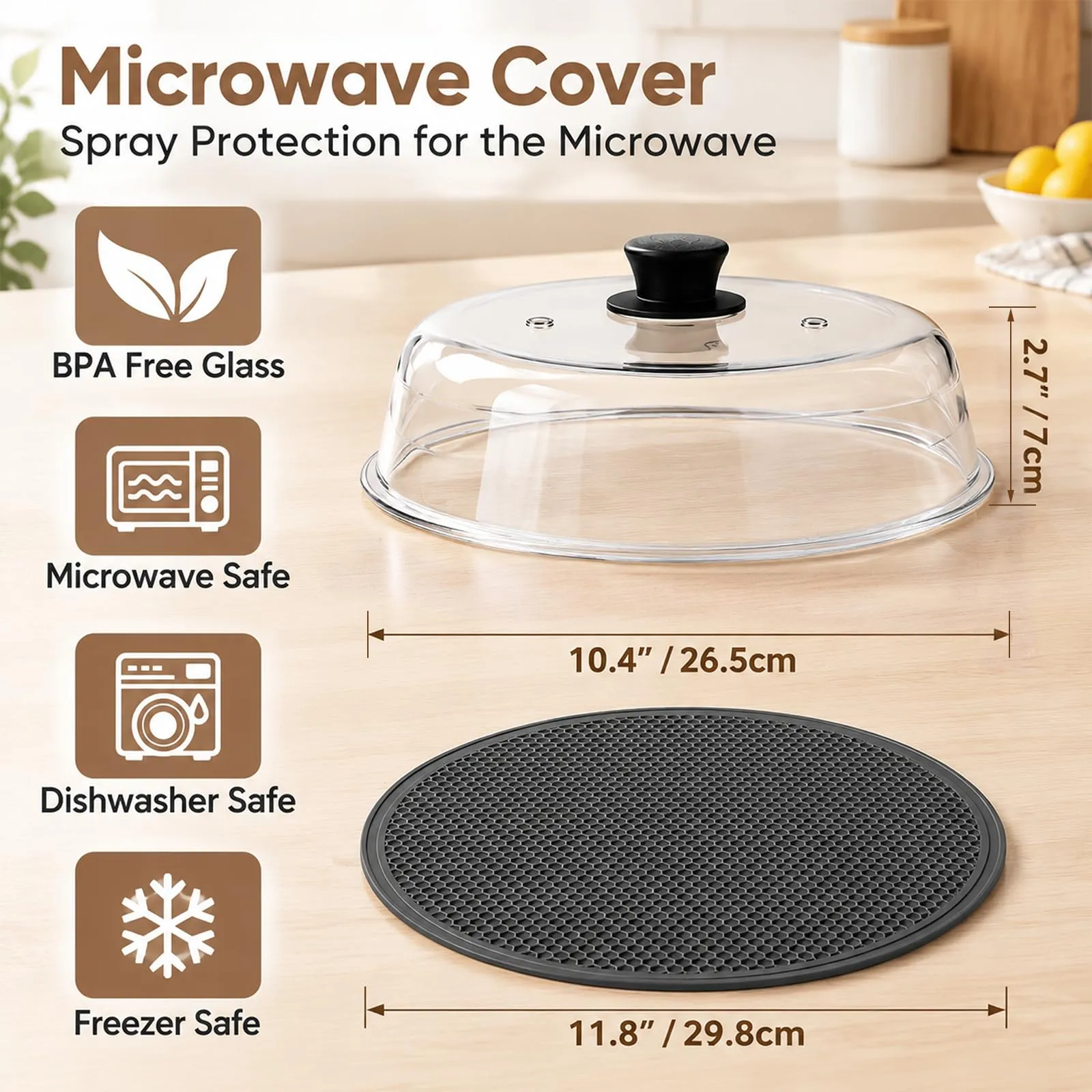 Coperchio per microonde in vetro con tappetino in silicone e manici, doppio foro di ventilazione, 26,7 x 6,3 cm - immagine 2