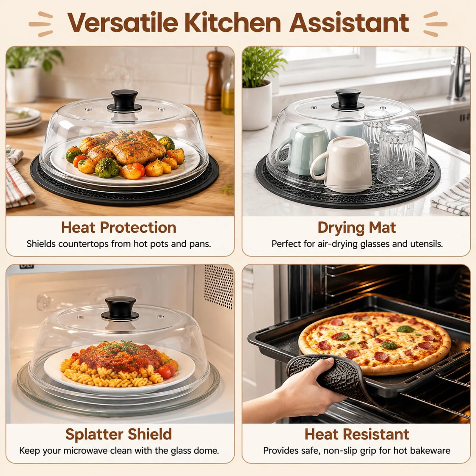 Coperchio per microonde in vetro con tappetino in silicone e manici, doppio foro di ventilazione, 26,7 x 6,3 cm - immagine 5