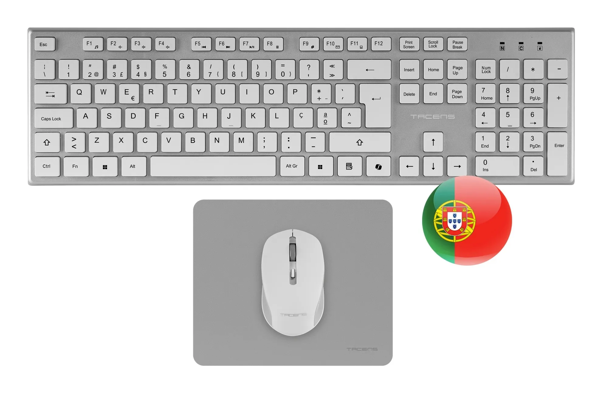 Tacens 6ZENITHWPT tastiera Mouse incluso Casa/ufficio RF Wireless QWERTY Portoghese Argento Bianco - immagine 1