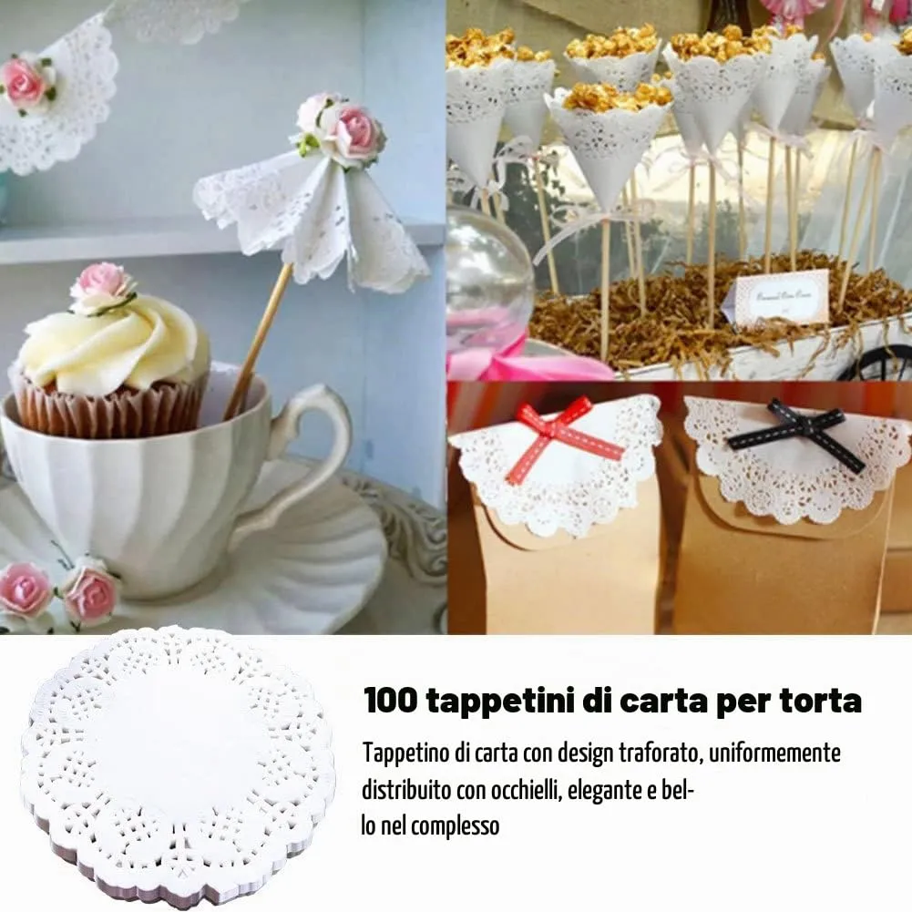 Fenhua 100 Dischetti Rotondi Bianchi per Decorare Torte, Centrini di Carta Pizzo per Piatti, Cupcake, Torte, Biscotti, Tovagliette (Confezione da 100-4/5,5/8,5 Pollici) - immagine 9