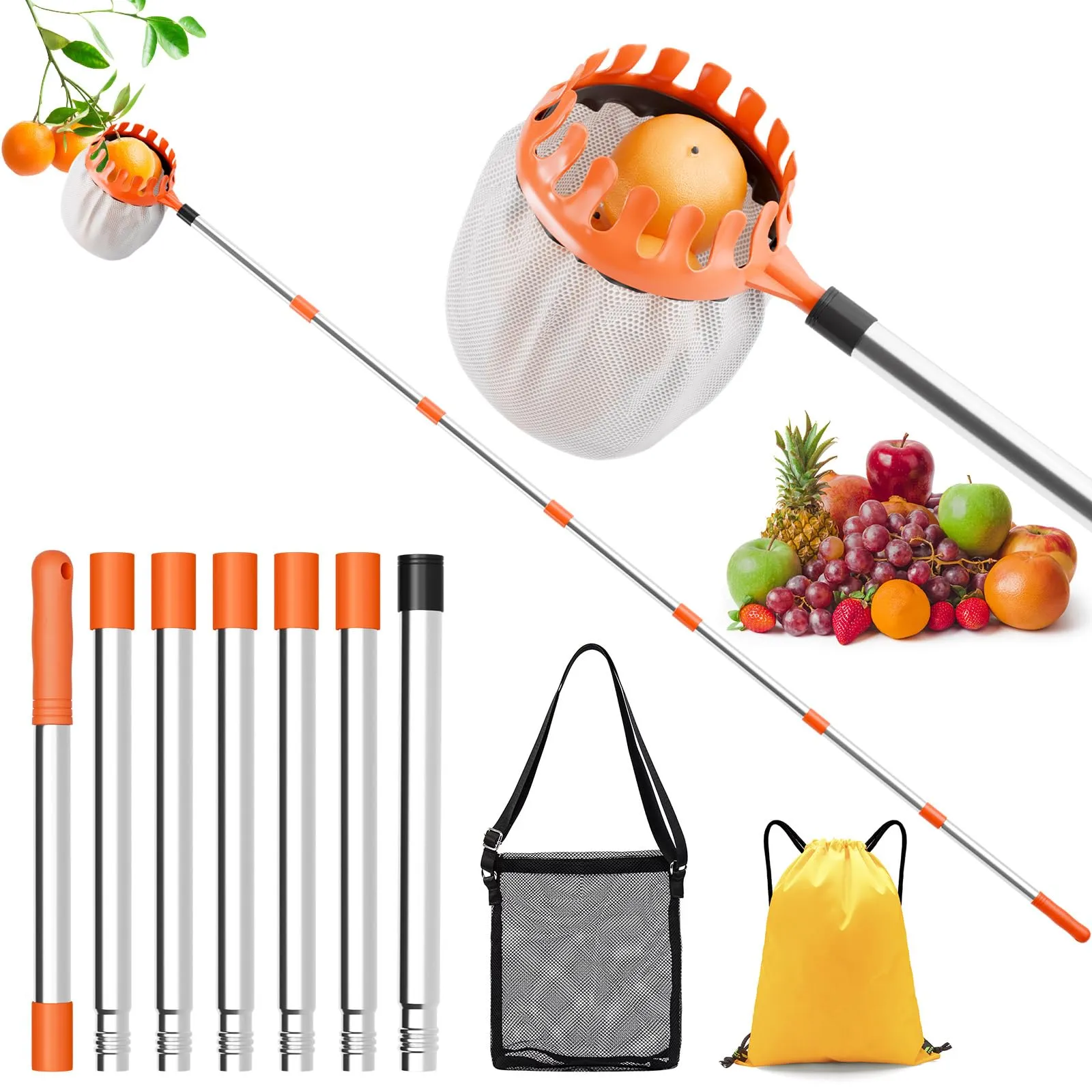 Raccogli frutta da 2,2 m con manico telescopico e sacchetto da 16 cm di - immagine 1