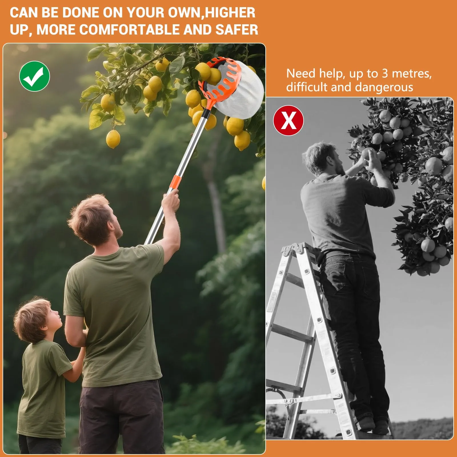 Raccogli frutta da 2,2 m con manico telescopico e sacchetto da 16 cm di - immagine 7