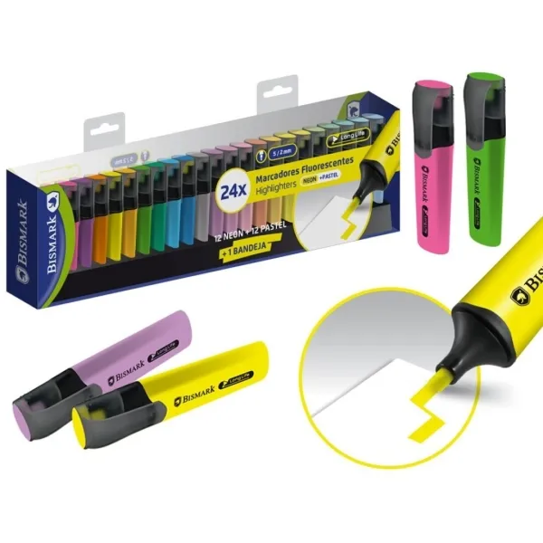 Confezione da 24 pennarelli fluorescenti Bismark - Punta a scalpello da 2 a 5 mm circa - Inchiostro a base d'acqua - Lunga durata - Colori assortiti neon e pastello - immagine 1