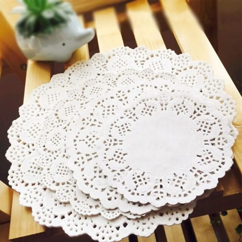 100 pezzi di centrini in carta bianca con pizzo, tovagliette rotonde in carta con motivo floreale, carta assorbente per dessert, sottobicchieri, carta per dolci e carta da forno, tovagliette monouso - immagine 4