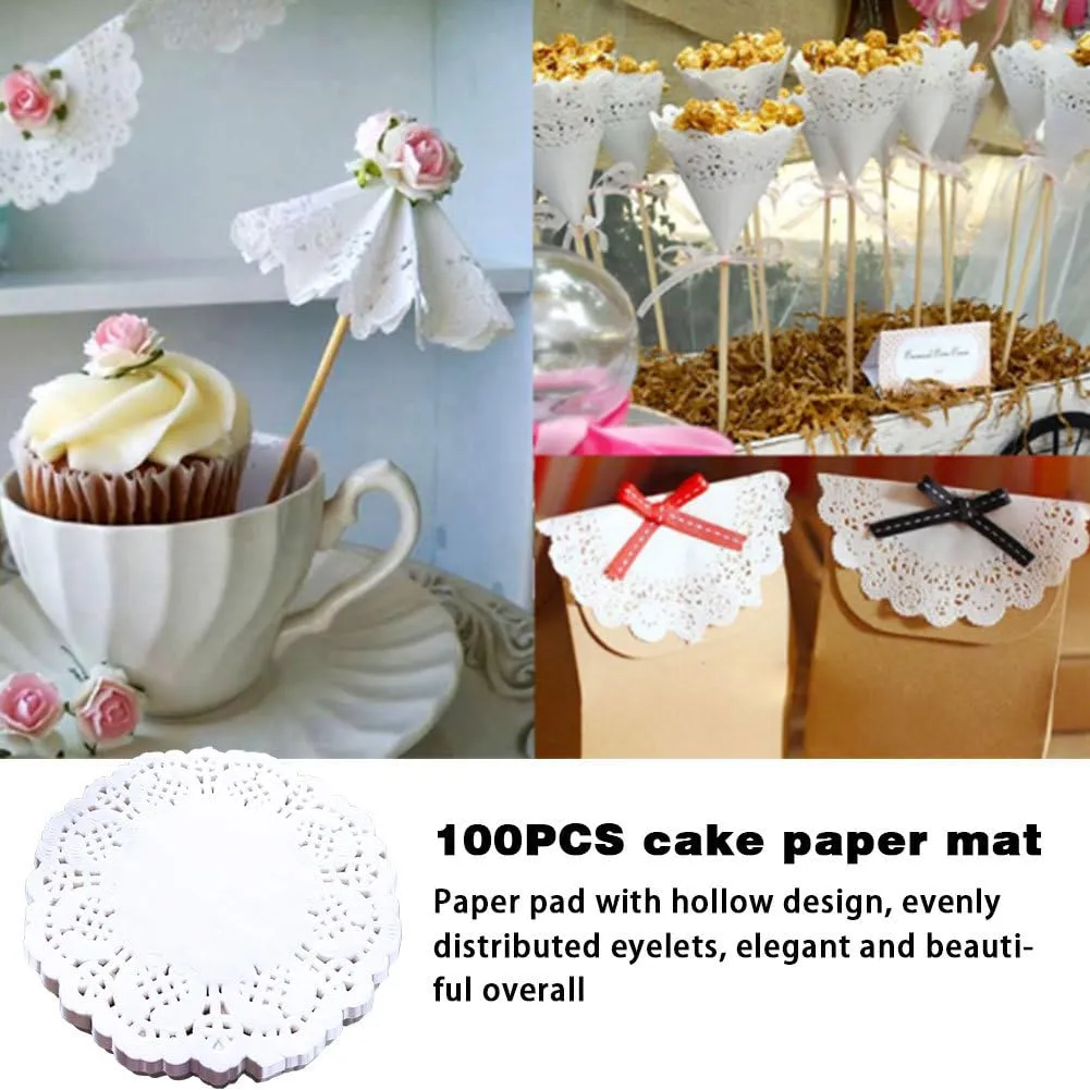 100 pezzi di centrini in carta bianca con pizzo, tovagliette rotonde in carta con motivo floreale, carta assorbente per dessert, sottobicchieri, carta per dolci e carta da forno, tovagliette monouso - immagine 5