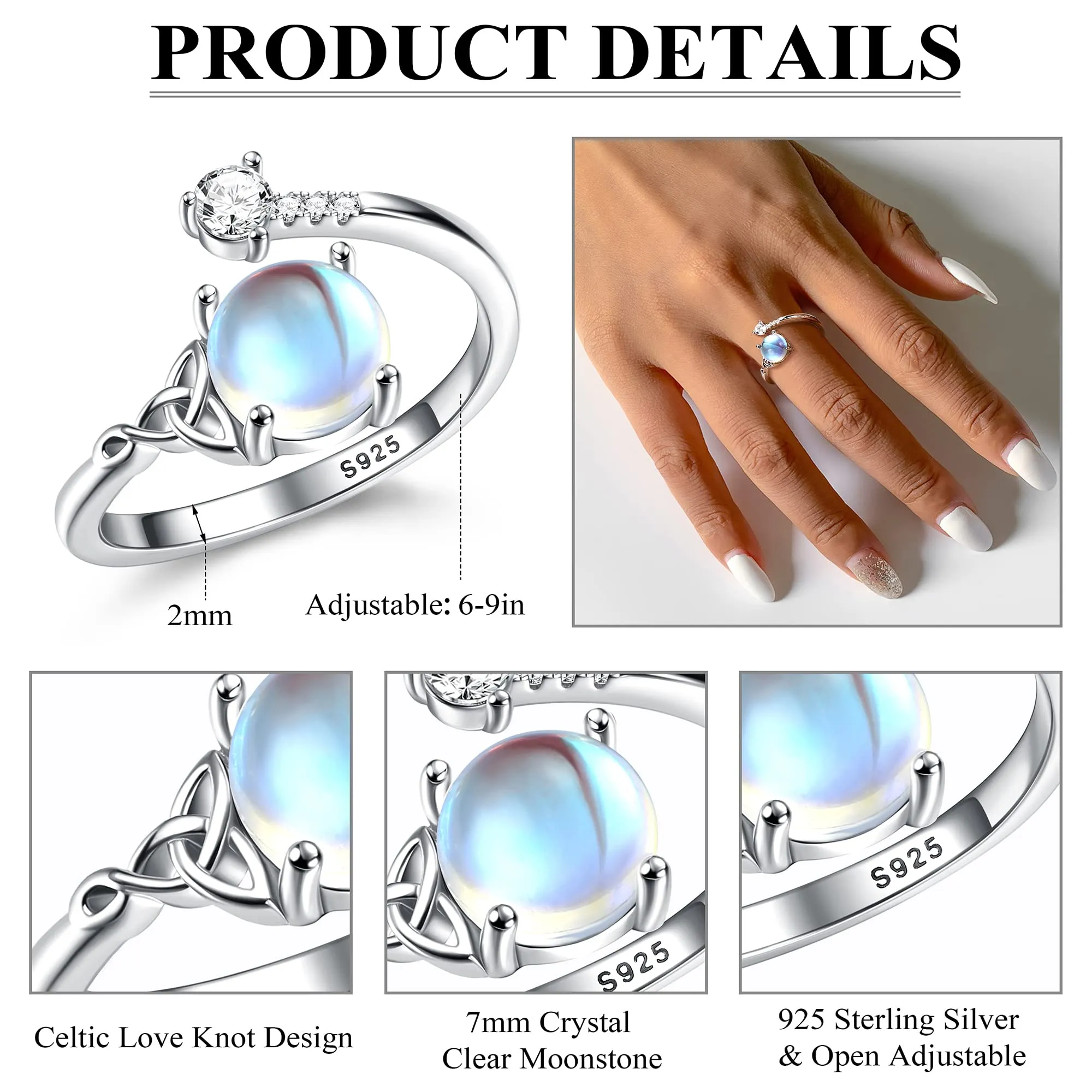 Milacolato Anello Argento 925 per Donna Ragazza - Pietre di Luna Regolabile Aperto CZ Triangolo Celtico Vintage, Cuore Ovale Rotondo Gioielli per Lei - immagine 6