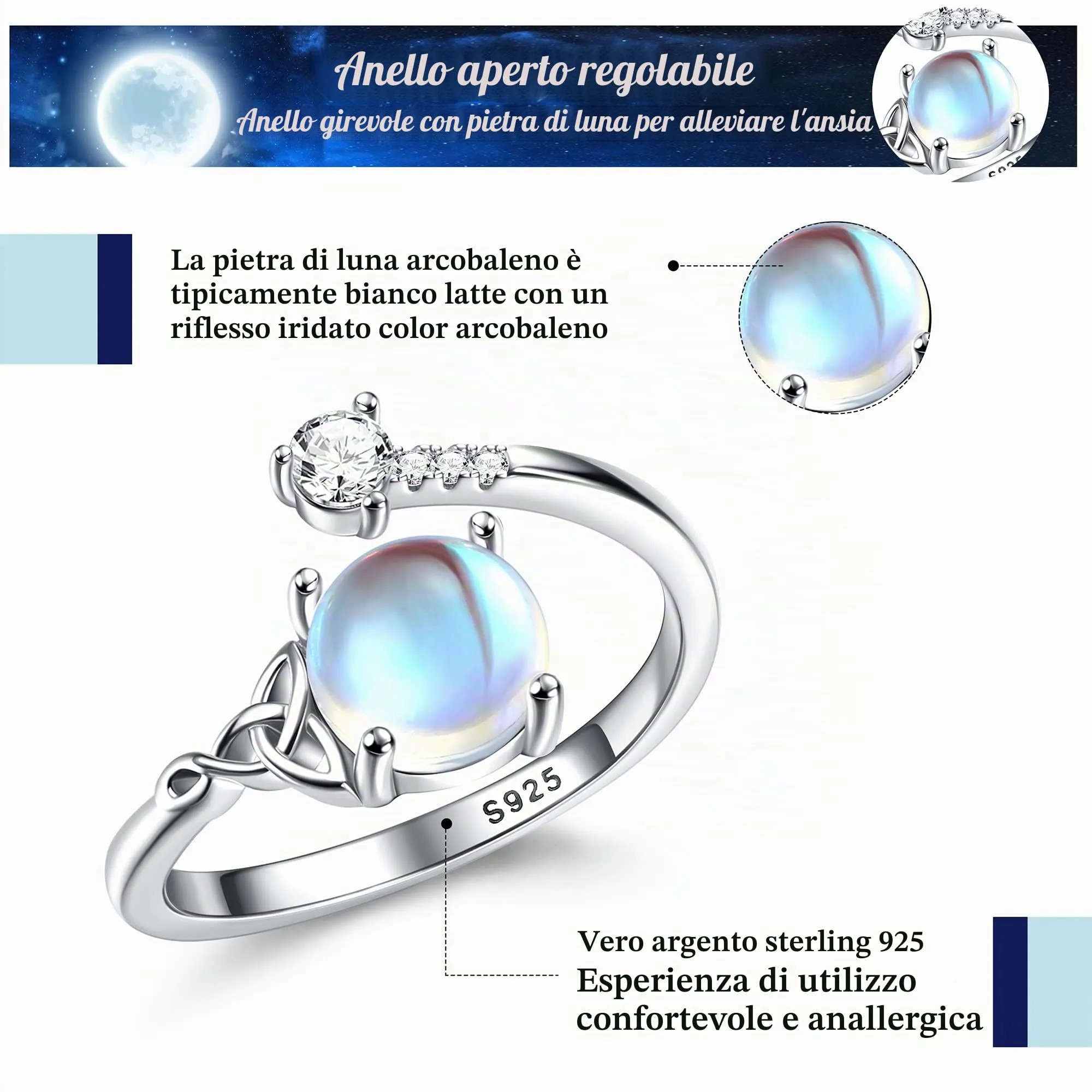 Milacolato Anello Argento 925 per Donna Ragazza - Pietre di Luna Regolabile Aperto CZ Triangolo Celtico Vintage, Cuore Ovale Rotondo Gioielli per Lei - immagine 7