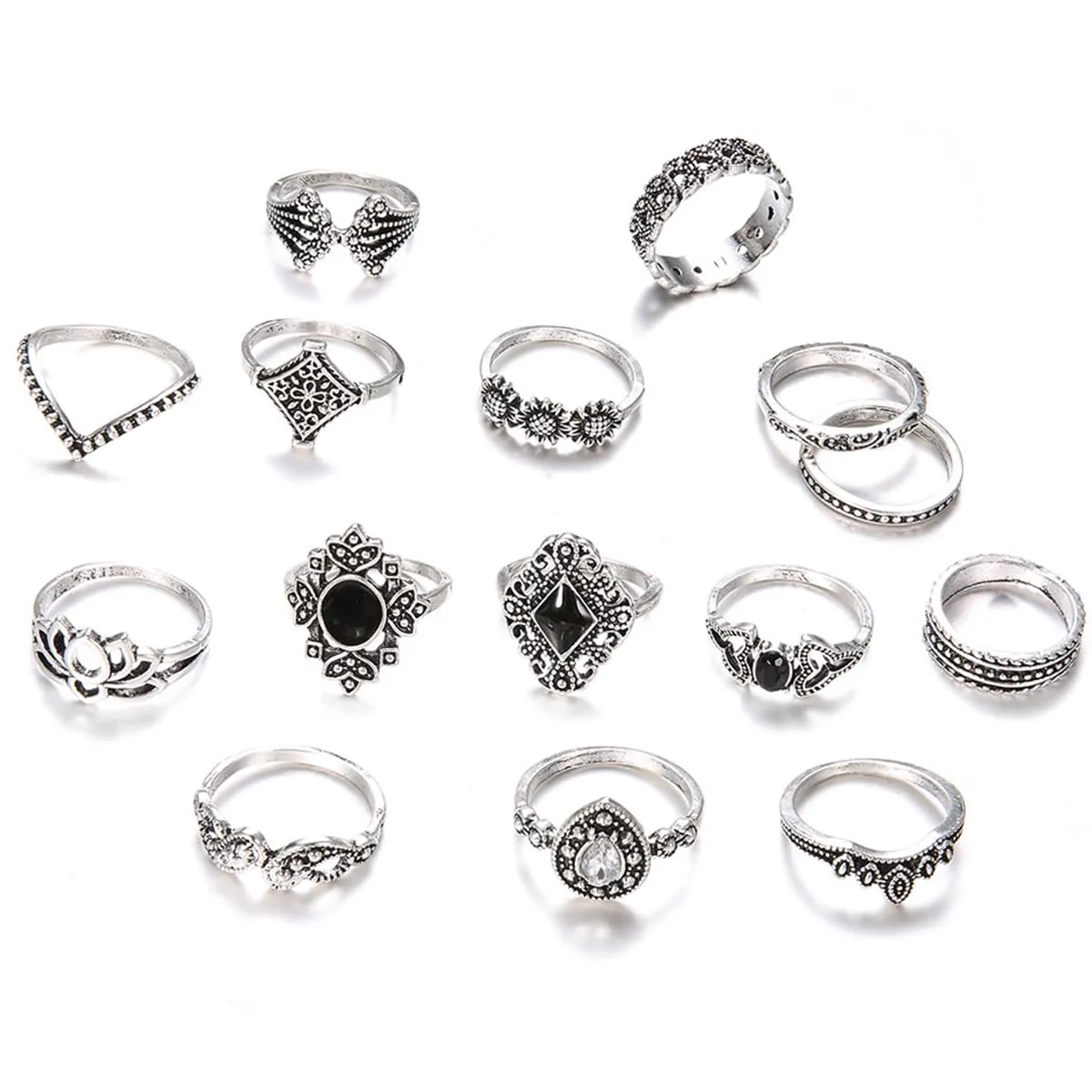 Visxcnu 15 Pezzi Boho Anelli Ringe Set, Anelli Vintage con Motivo Floreale, Impilabili, Donna Acciaio Inossidabile - immagine 1