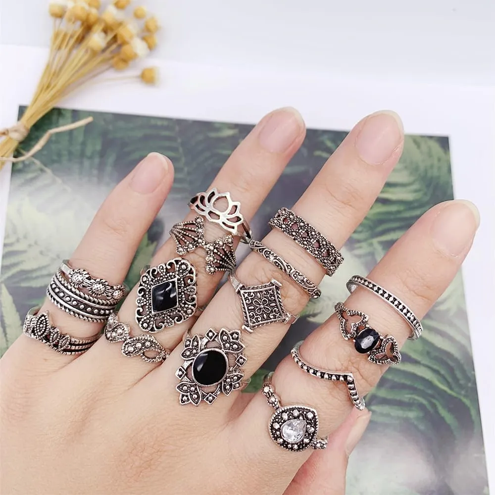 Visxcnu 15 Pezzi Boho Anelli Ringe Set, Anelli Vintage con Motivo Floreale, Impilabili, Donna Acciaio Inossidabile - immagine 3
