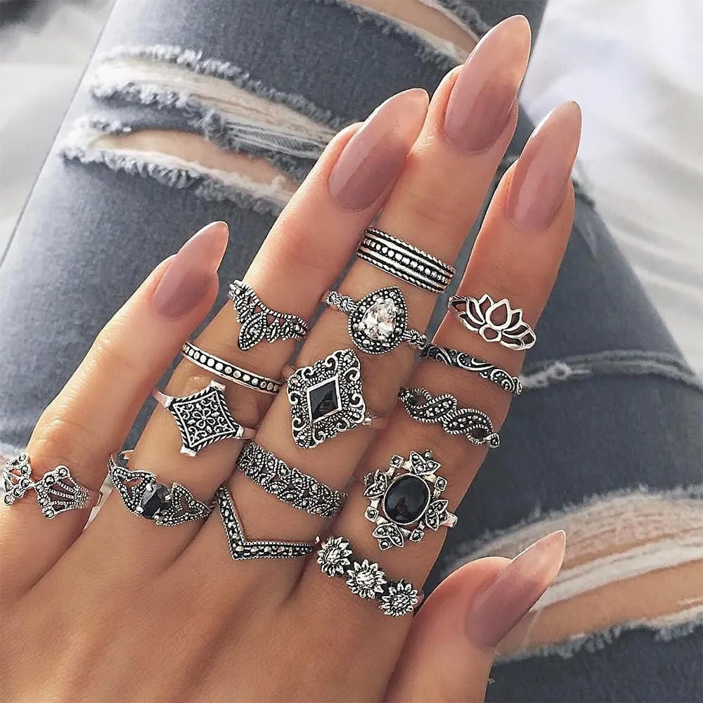 Visxcnu 15 Pezzi Boho Anelli Ringe Set, Anelli Vintage con Motivo Floreale, Impilabili, Donna Acciaio Inossidabile - immagine 4