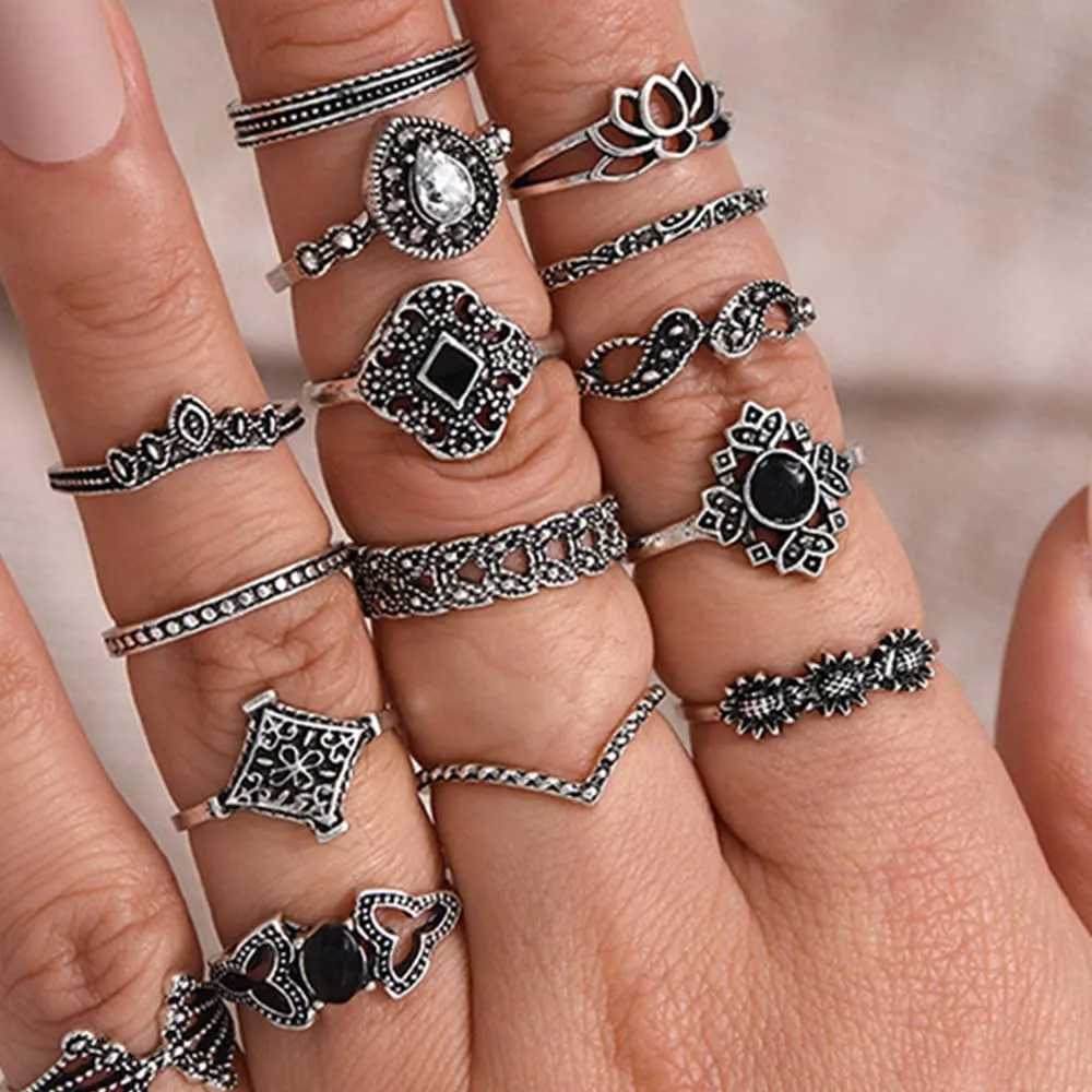 Visxcnu 15 Pezzi Boho Anelli Ringe Set, Anelli Vintage con Motivo Floreale, Impilabili, Donna Acciaio Inossidabile - immagine 5