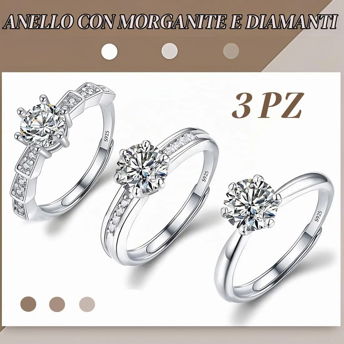 DWFEYOI 3 Pezzi Anello Argento 925 Donna Elegante Anello Regolabile Zirconia Cubica Amicizia Fidanzamento Matrimonio Anniversario Promessa Fedine,Classico Anello Solitario Donna Argento - immagine 2