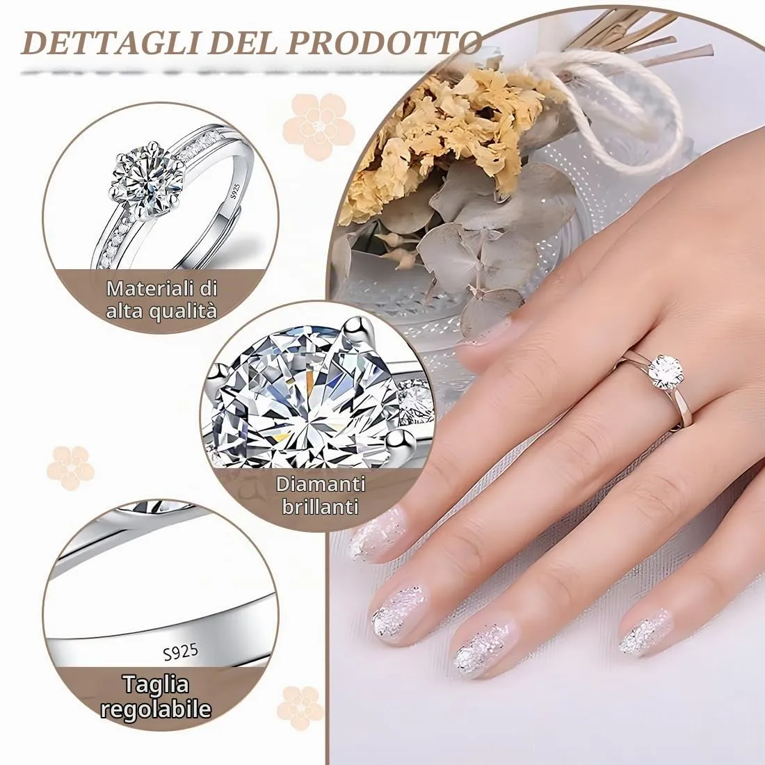DWFEYOI 3 Pezzi Anello Argento 925 Donna Elegante Anello Regolabile Zirconia Cubica Amicizia Fidanzamento Matrimonio Anniversario Promessa Fedine,Classico Anello Solitario Donna Argento - immagine 3