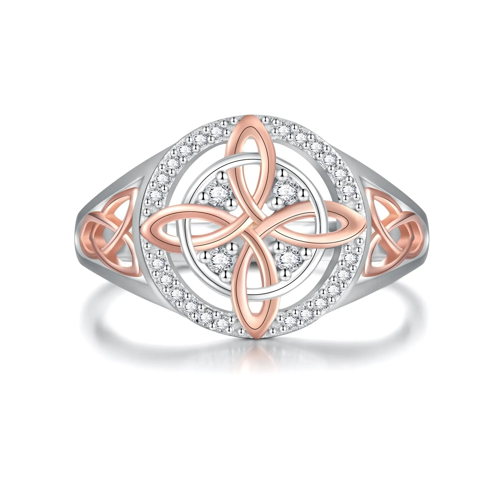 GAUEIOUR Anello di protezione con nodo di ritorno della strega fatto a mano con zirconia cubica scintillante, anello bicolore che combina argento alla moda e incantevole oro rosa, gioielli originali - immagine 1