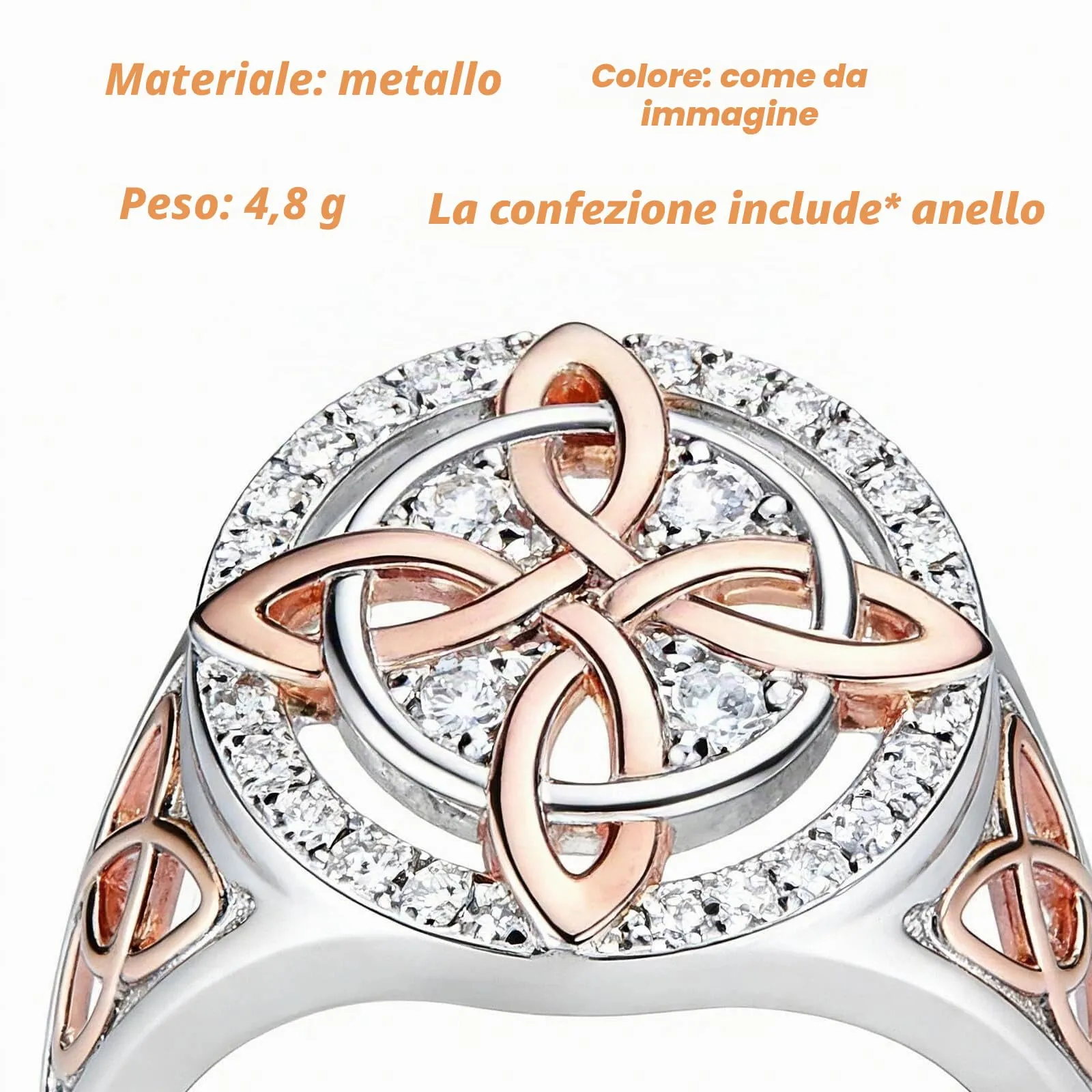 GAUEIOUR Anello di protezione con nodo di ritorno della strega fatto a mano con zirconia cubica scintillante, anello bicolore che combina argento alla moda e incantevole oro rosa, gioielli originali - immagine 2