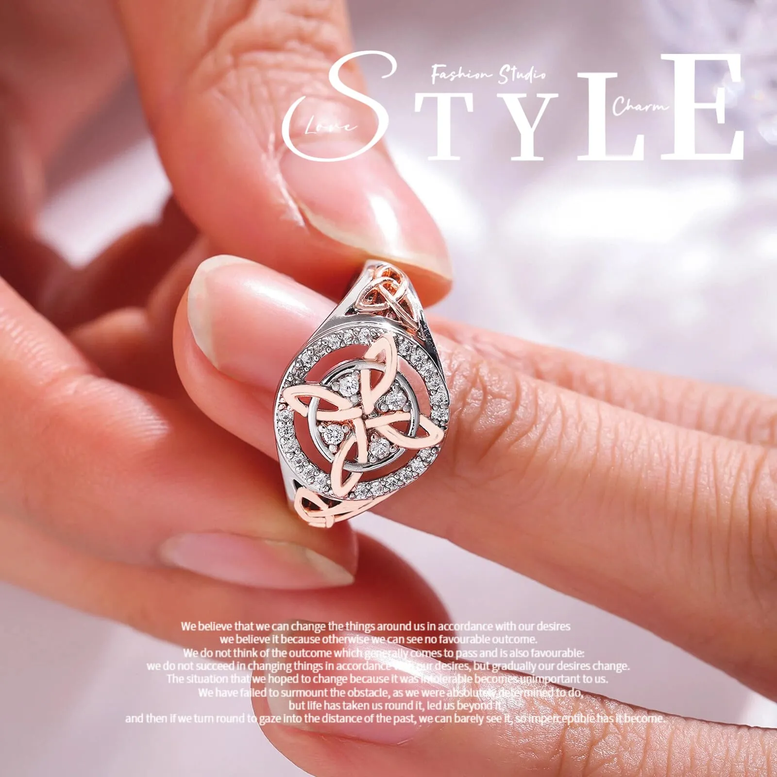GAUEIOUR Anello di protezione con nodo di ritorno della strega fatto a mano con zirconia cubica scintillante, anello bicolore che combina argento alla moda e incantevole oro rosa, gioielli originali - immagine 5