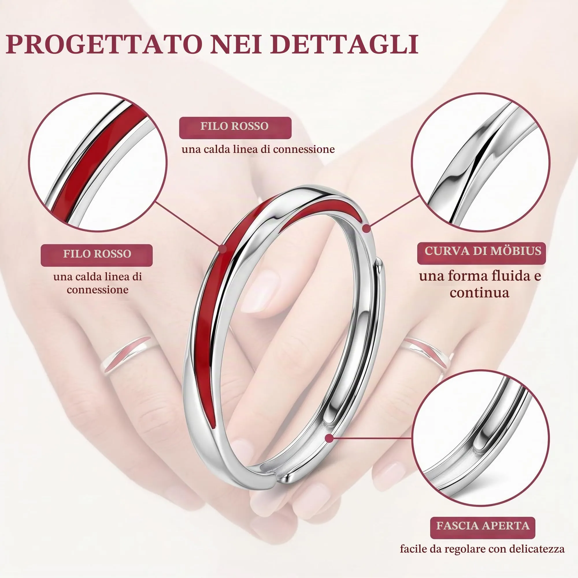 DUSPAK Anello Filo Rosso Set, Anelli Coppia in Metallo, Anello Regolabile per Lui e Lei, Design Möbius - immagine 3