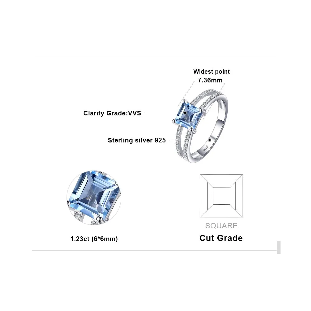 JewelryPalace Anello Solitario Argento con Topazio Azzurro, Anelli Argento 925 con Pietra a Taglio Principessa, Fedina Zirconi Argento Anelli Anniversario Set Gioielli - immagine 2