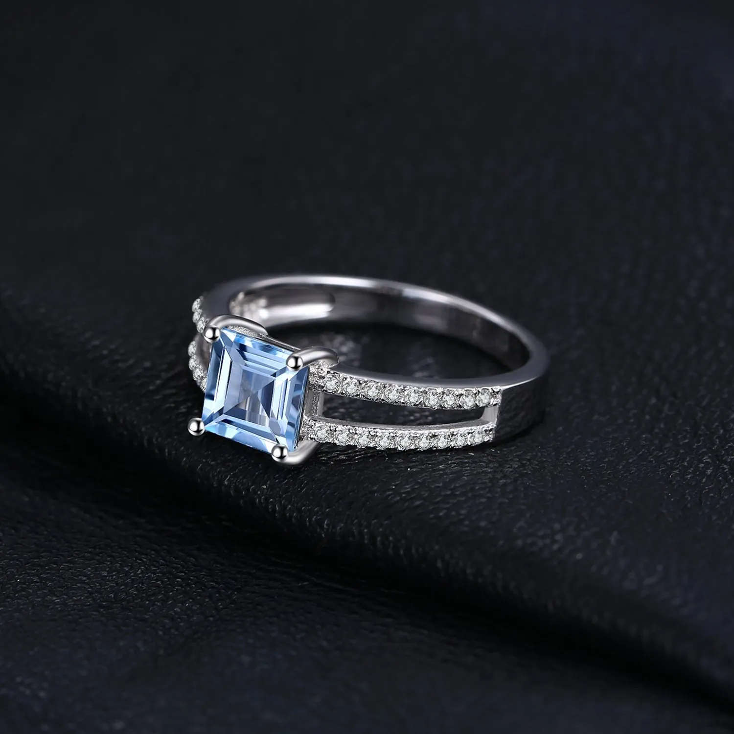 JewelryPalace Anello Solitario Argento con Topazio Azzurro, Anelli Argento 925 con Pietra a Taglio Principessa, Fedina Zirconi Argento Anelli Anniversario Set Gioielli - immagine 5