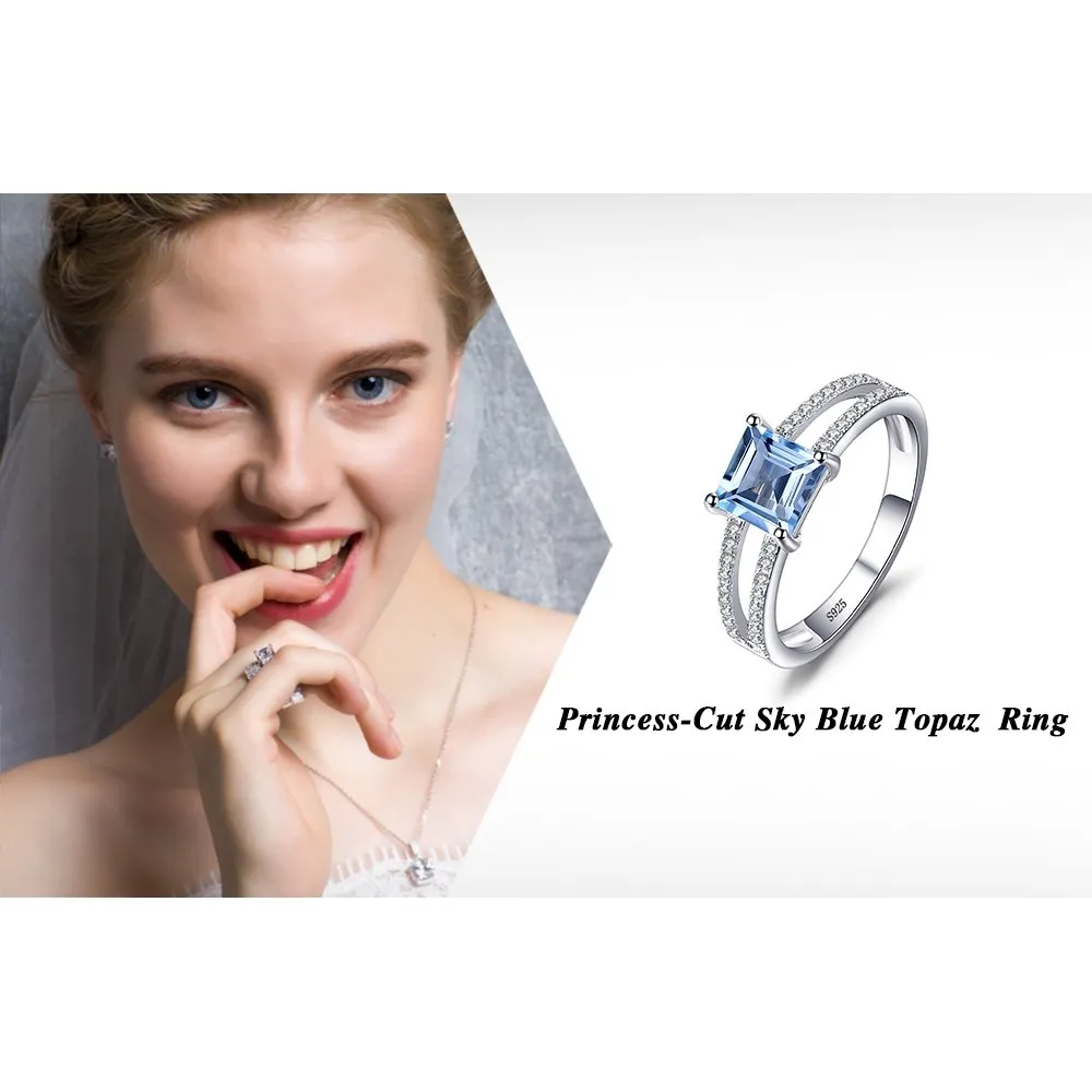 JewelryPalace Anello Solitario Argento con Topazio Azzurro, Anelli Argento 925 con Pietra a Taglio Principessa, Fedina Zirconi Argento Anelli Anniversario Set Gioielli - immagine 6