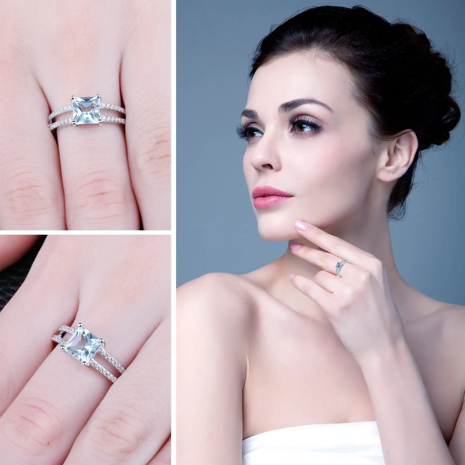 JewelryPalace Anello Solitario Donna Argento con Naturale Topazio Azzurro, Fedina Zirconi Argento 925 con Pietra a Taglio Principessa, Set Gioielli per Anniversario - immagine 4
