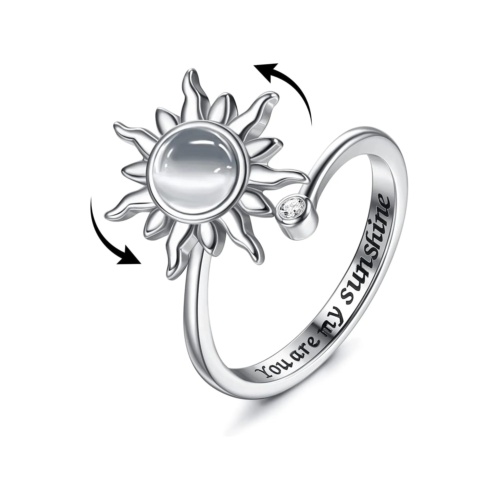 Milacolato Anello Antistress Regolabile Donna Ragazza Argento Loto Fiore Girasole Pietra di Luna Stellata Opale Fidget Anello di Ansia di Spinner Fantasia Gioielli Sole grigio - immagine 1