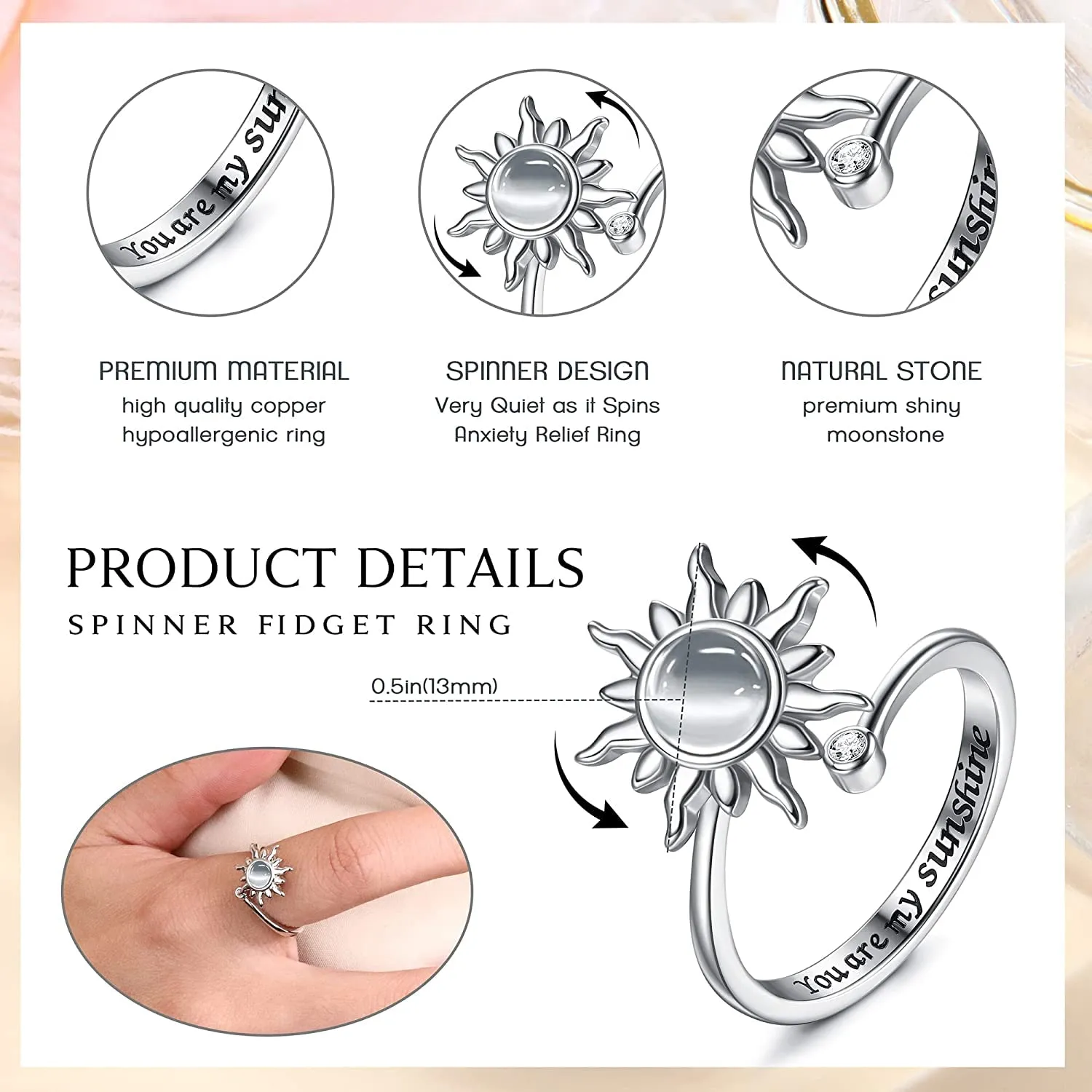 Milacolato Anello Antistress Regolabile Donna Ragazza Argento Loto Fiore Girasole Pietra di Luna Stellata Opale Fidget Anello di Ansia di Spinner Fantasia Gioielli Sole grigio - immagine 4