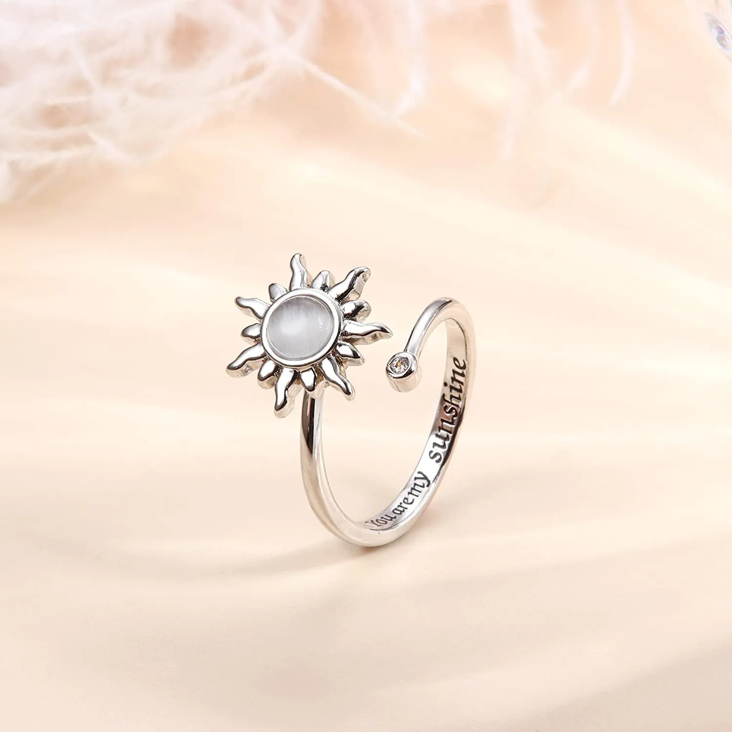 Milacolato Anello Antistress Regolabile Donna Ragazza Argento Loto Fiore Girasole Pietra di Luna Stellata Opale Fidget Anello di Ansia di Spinner Fantasia Gioielli Sole grigio - immagine 5