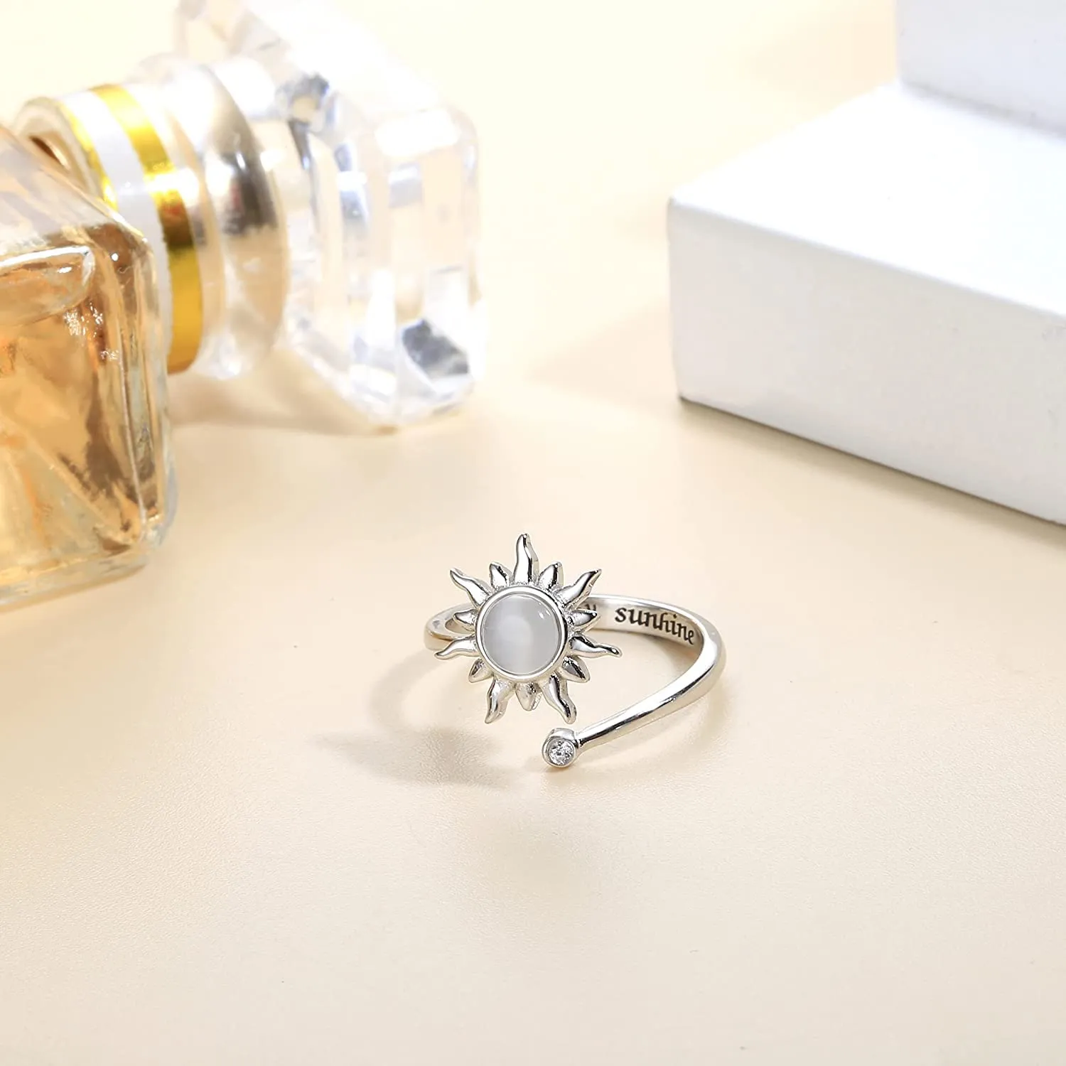 Milacolato Anello Antistress Regolabile Donna Ragazza Argento Loto Fiore Girasole Pietra di Luna Stellata Opale Fidget Anello di Ansia di Spinner Fantasia Gioielli Sole grigio - immagine 6