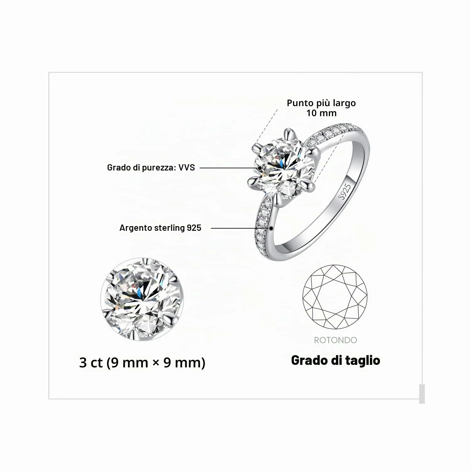 JewelryPalace 3ct Classico Anello Solitario Donna Argento 925 Con Moissanite, Diamante Simulato Con Pietre Laterali, Semplice Fedina Fidanzamento Anniversario Set Gioielli - immagine 2
