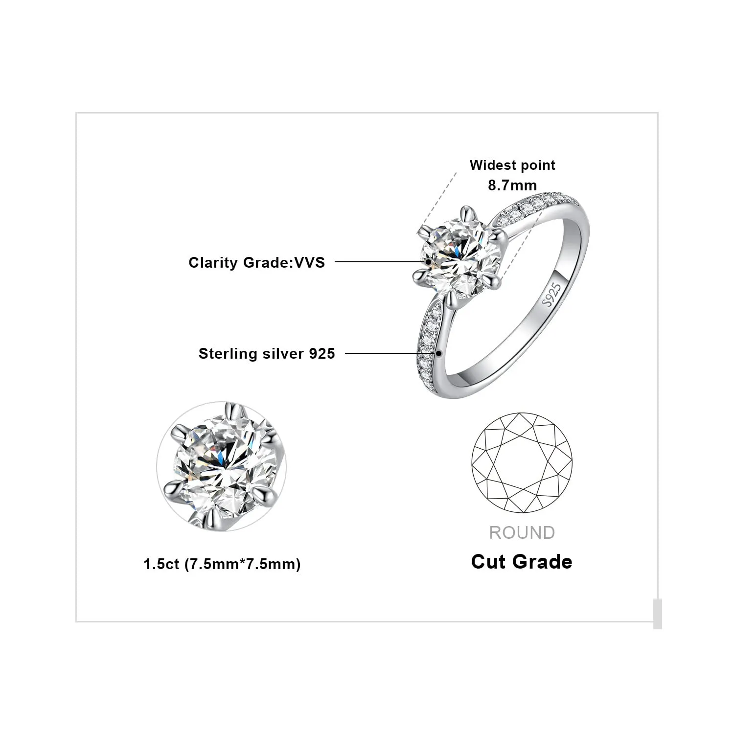 JewelryPalace Anello Solitario Donna Argento 925 Con Moissanite, Diamante Simulato e Pietre Laterali - Classico Set Gioielli per Fidanzamento e Anniversario - immagine 2