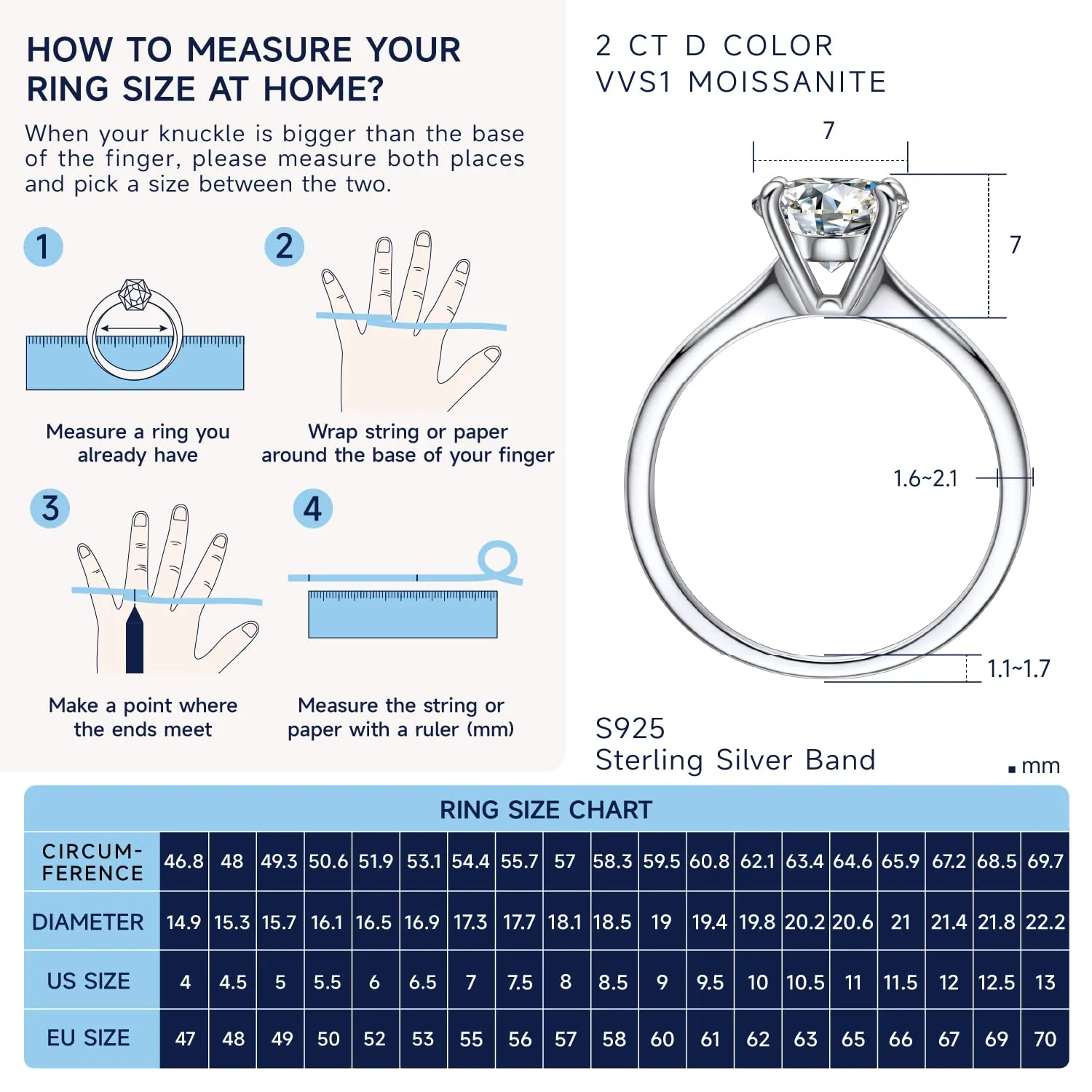 MomentWish Anello Moissanite Donna 2ct Fidanzamento Argento 925 Taglia 58 - immagine 6