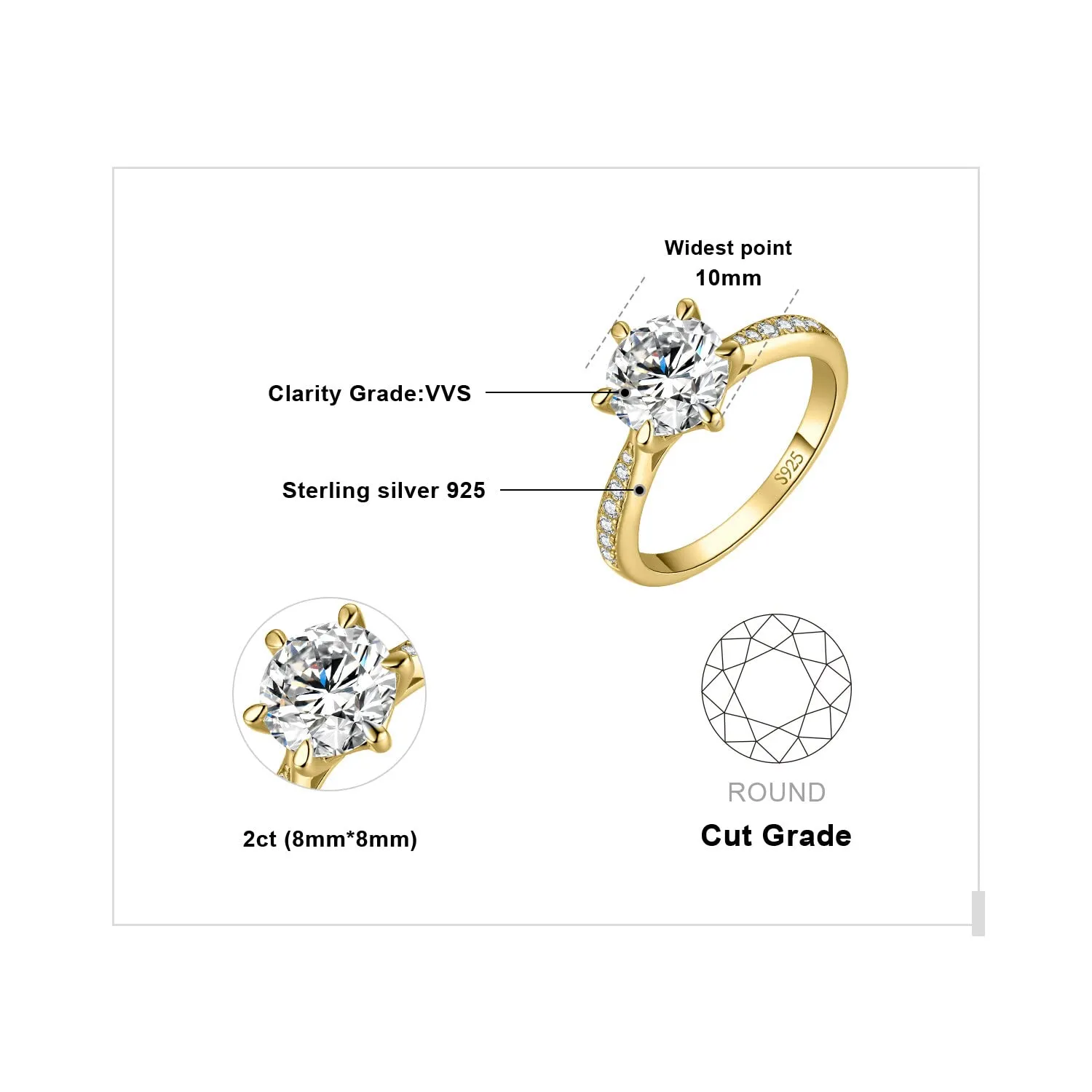 JewelryPalace 2ct Classico Anello Solitario Donna Argento 925 con Creato Moissanite, Diamante Simulato Anelli Dorati con Pietre Laterali, Semplice Fedine Fidanzamento in Oro Set Gioielli Donna 11.5 - immagine 2