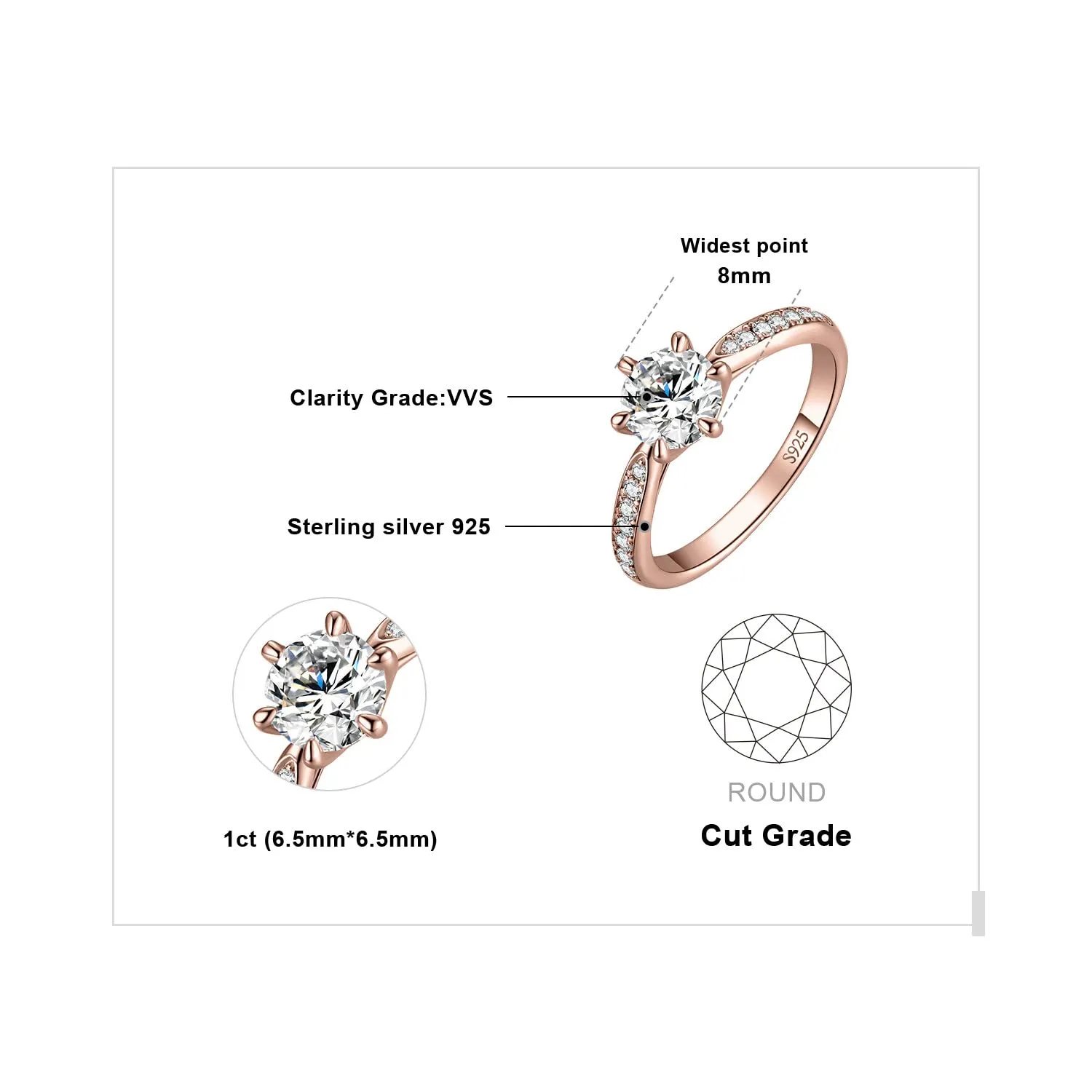 JewelryPalace 1ct Classico Anello Solitario Donna Argento 925 con Creato Moissanite, Diamante Simulato Anelli con Pietre Laterali, Semplice Fedine Fidanzamento in Oro Rosa Set Gioielli Donna 22 - immagine 2