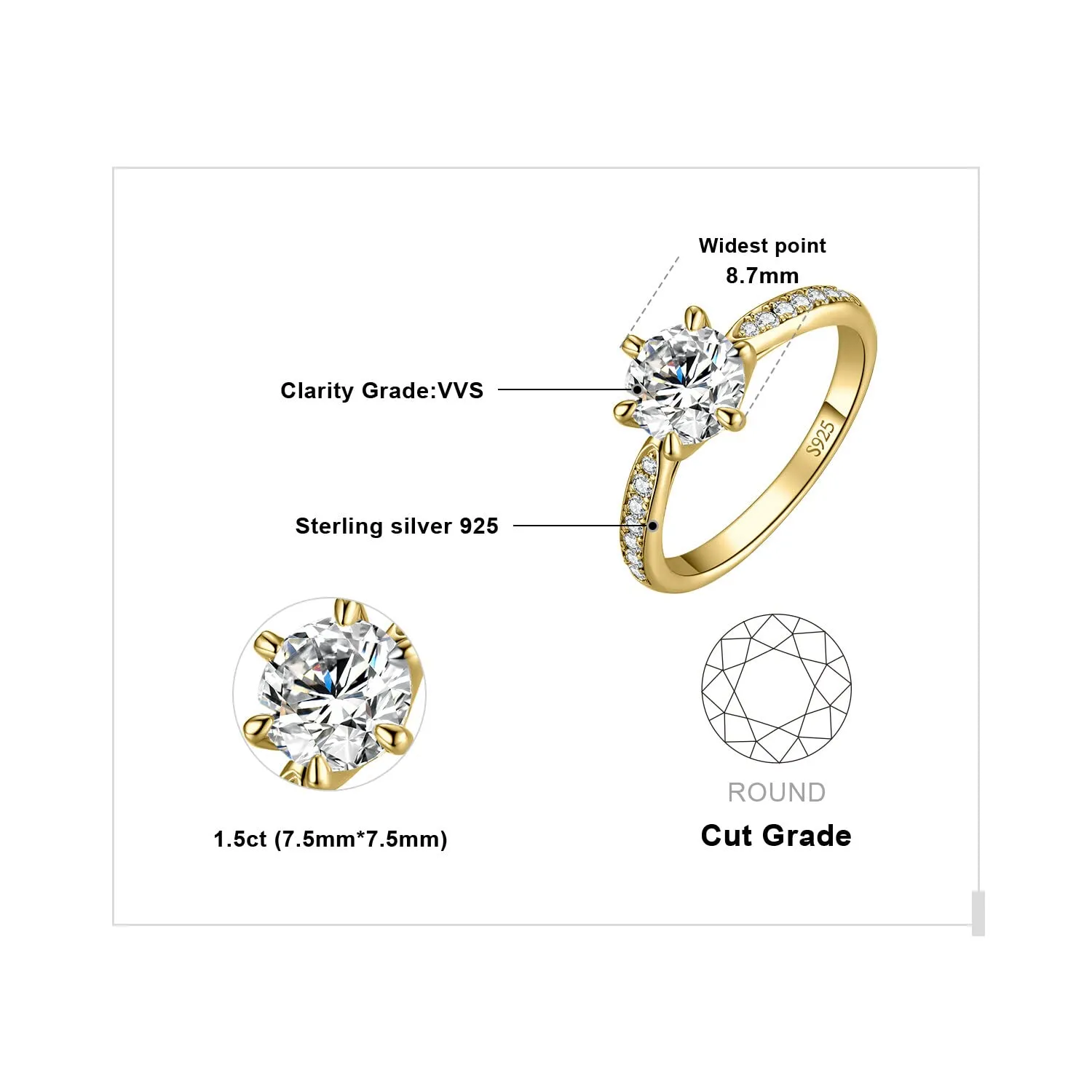 JewelryPalace 1.5ct Classico Anello Solitario Donna Argento 925 con Creato Moissanite, Diamante Simulato Anelli Dorati con Pietre Laterali, Semplice Fedine Fidanzamento in Oro Set Gioielli Donna 19.5 - immagine 2