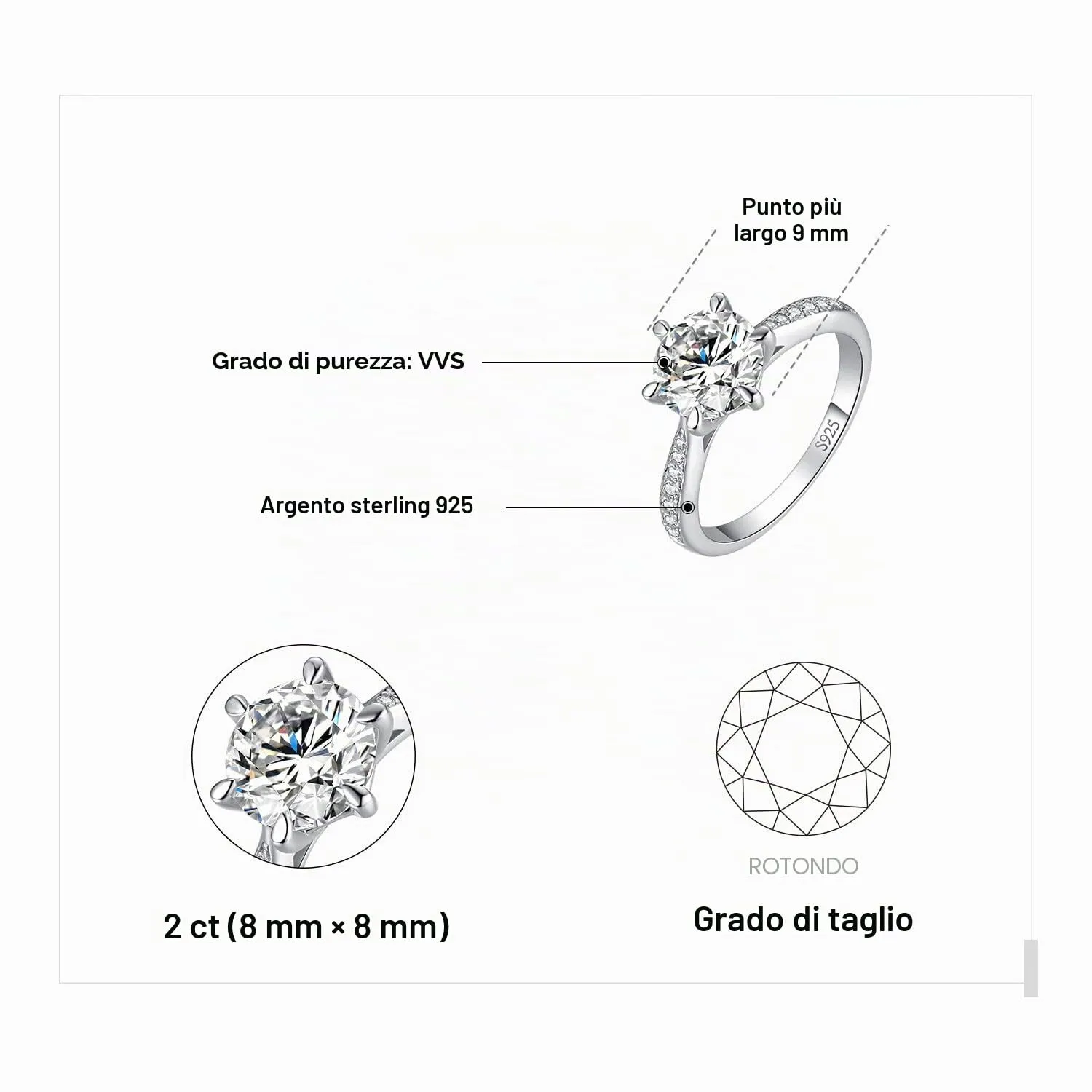 JewelryPalace 2ct Classico Anello Solitario Donna Argento 925 con Creato Moissanite, Diamante Simulato Anelli con Pietre Laterali, Semplice Fedine Fidanzamento in Argento Set Gioielli Donna 16 - immagine 2