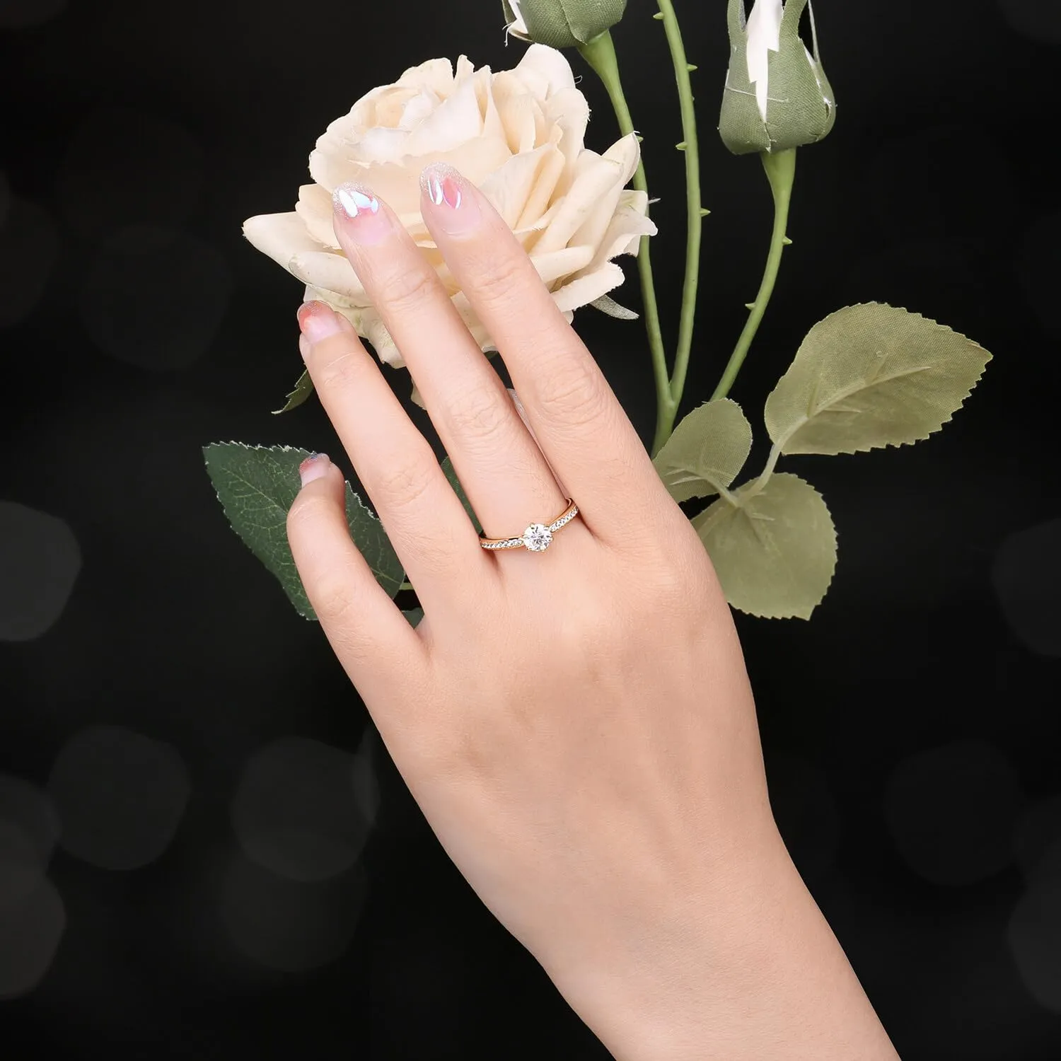 JewelryPalace 0.5ct Classico Anello Solitario Donna Argento 925 con Creato Moissanite, Diamante Simulato Anelli Dorati con Pietre Laterali, Semplice Fedine Fidanzamento in Oro Set Gioielli Donna 14.5 - immagine 5