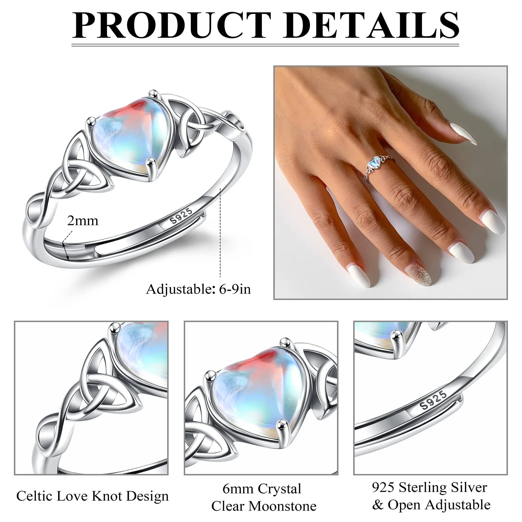 Milacolato Anello Argento 925 per Donna Ragazza Anelli Pietre di Luna Regolabile Aperte Anello CZ Triangolo Celtico Vintage, Anello Pietre Cuore Ovale Rotondo Gioielli per Lei anello-D - immagine 6
