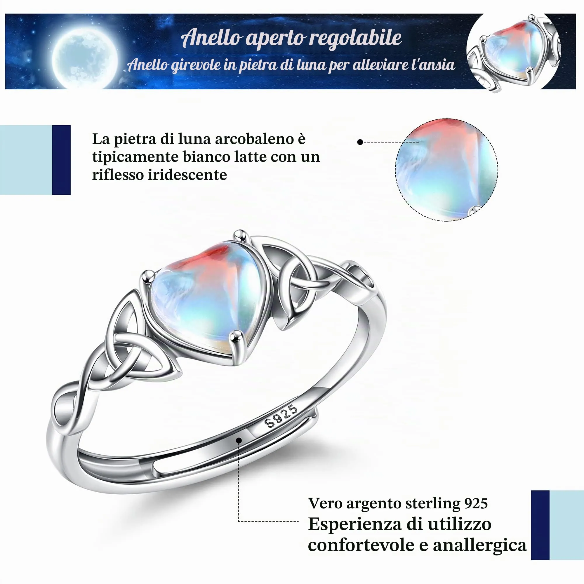 Milacolato Anello Argento 925 per Donna Ragazza Anelli Pietre di Luna Regolabile Aperte Anello CZ Triangolo Celtico Vintage, Anello Pietre Cuore Ovale Rotondo Gioielli per Lei anello-D - immagine 7