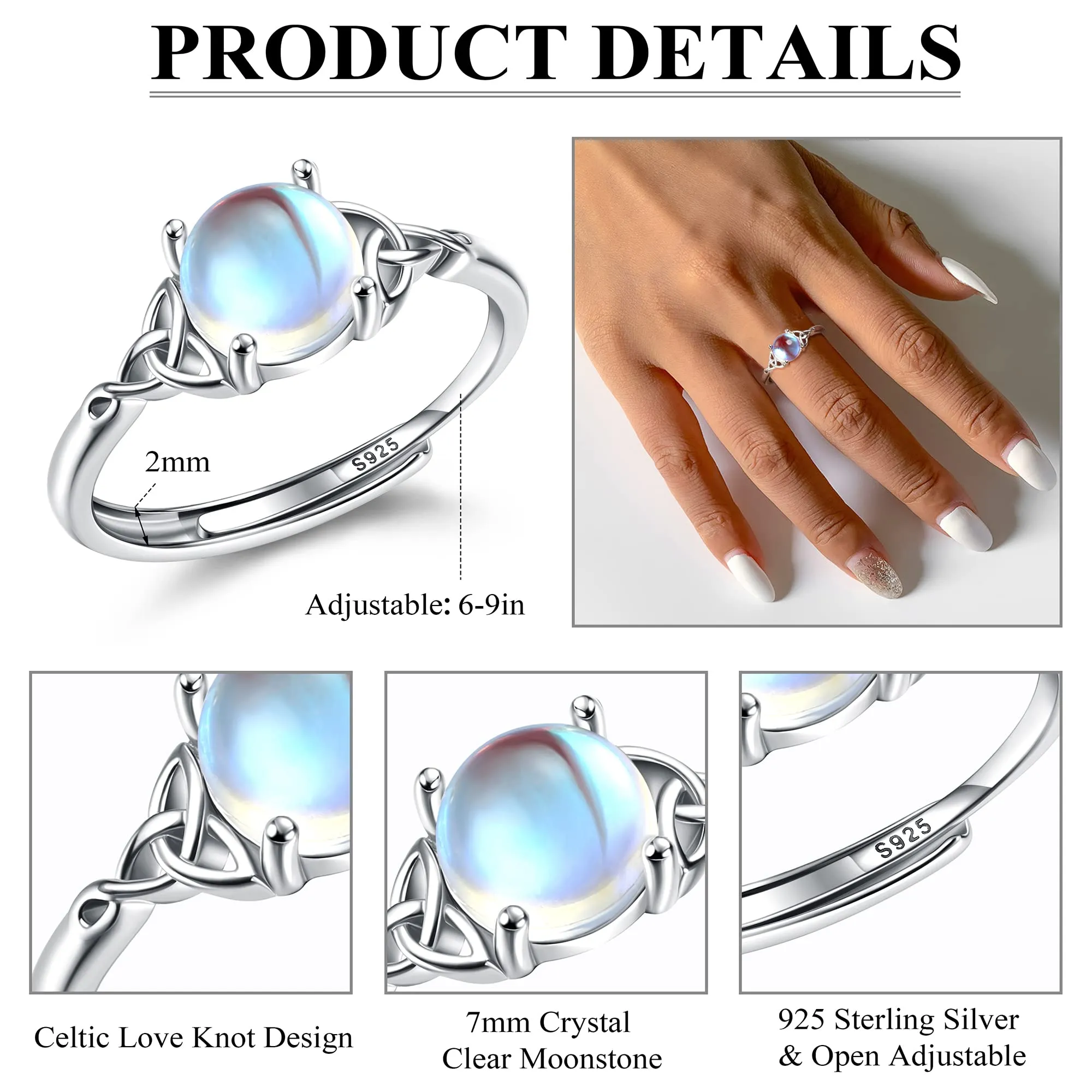 Milacolato Argento 925 Anello Regolabile per Donna - Pietre di Luna CZ con Triangolo Celtico Vintage, Cuore Ovale Rotondo Gioielli - immagine 6